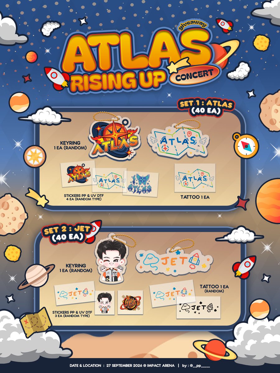 __pp_____'s tweet photo. 🪽GIVEAWAY FOR ALIS🪽

SET 1 - ATLAS (40 set)
SET 2 - JET (40 set)

1 set/ person

📍Impact arena
🗓️ 27 September 2026
🕝 TBA

#ATLASRisingUpConcert 
#GiveawayAlis https://t.co/FIODvlBtgg
