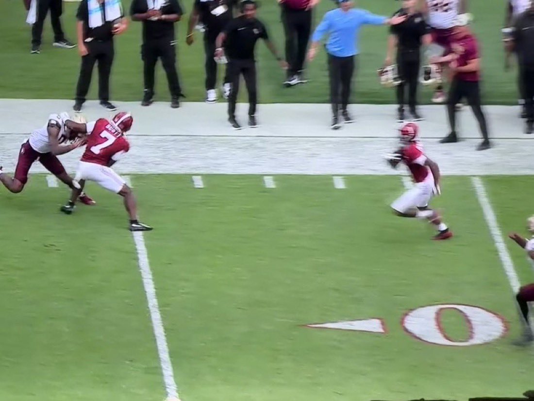 CentralNorvell's tweet photo. I am not one to complain about the referees of what should or should not be called, but this was a holding call that has to be made on the 46-yard touchdown by WR Ryan Coleman-Williams, which cut the Crimson Tide’s deficit to 21-19 with 1:23 left to go in the second quarter. https://t.co/Bg1st5HYil