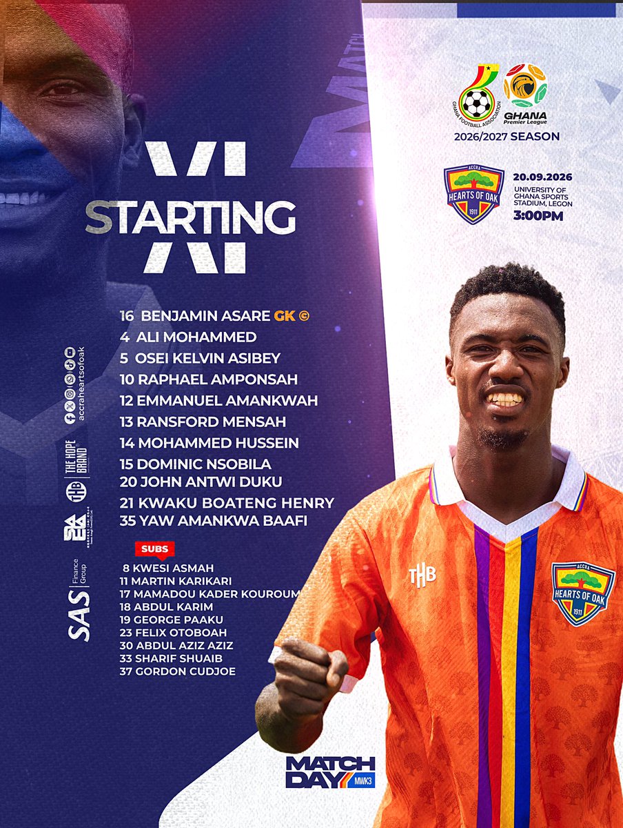 HeartsOfOakGH's tweet photo. STARTING XI IS HERE! 

This is the team chosen to battle for another three points against Bechem United.

Let’s back every player from the first whistle.

COME ON PHOBIA! 🔥

#NeverSayDie #AHOSC #Phobia4Life https://t.co/QGEuOWpwFg