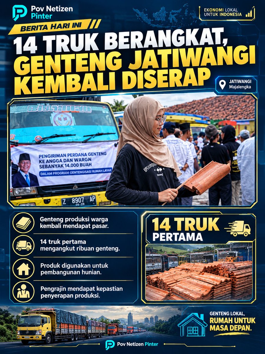 PovNtizenPinter's tweet photo. NILAI LOKAL GENTENG JATIWANGI

Aroma tanah bakar kembali tercium di Jatiwangi. Pemerintah turun tangan beli puluhan ribu genteng lokal demi hunian rakyat. Senyum pengrajin kembali mengembang, masa depan terasa lebih terang.

#jagaindonesia #gentengisasi #jatiwangi #negarahadir https://t.co/jFp4rGGTye