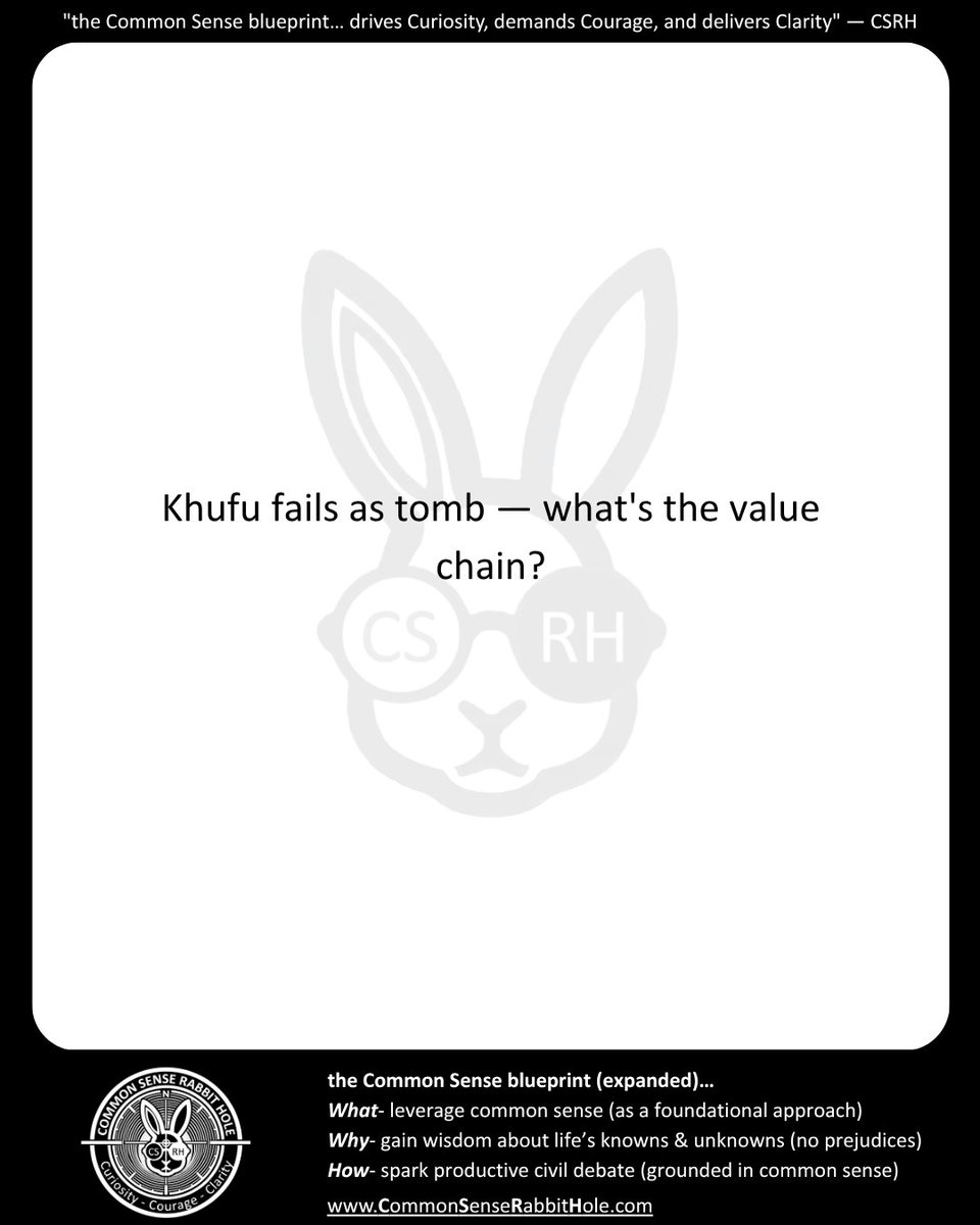 Common_Sense_RH's tweet photo. @EthicalSkeptic @EthicalSkeptic: Khufu/Khafre fail the value-chain test as burial chamber or power/chemical plant. If the official stories don't clear the economics — what question should archaeology ask first? Best counter-read welcome. https://t.co/iVml9axAqN