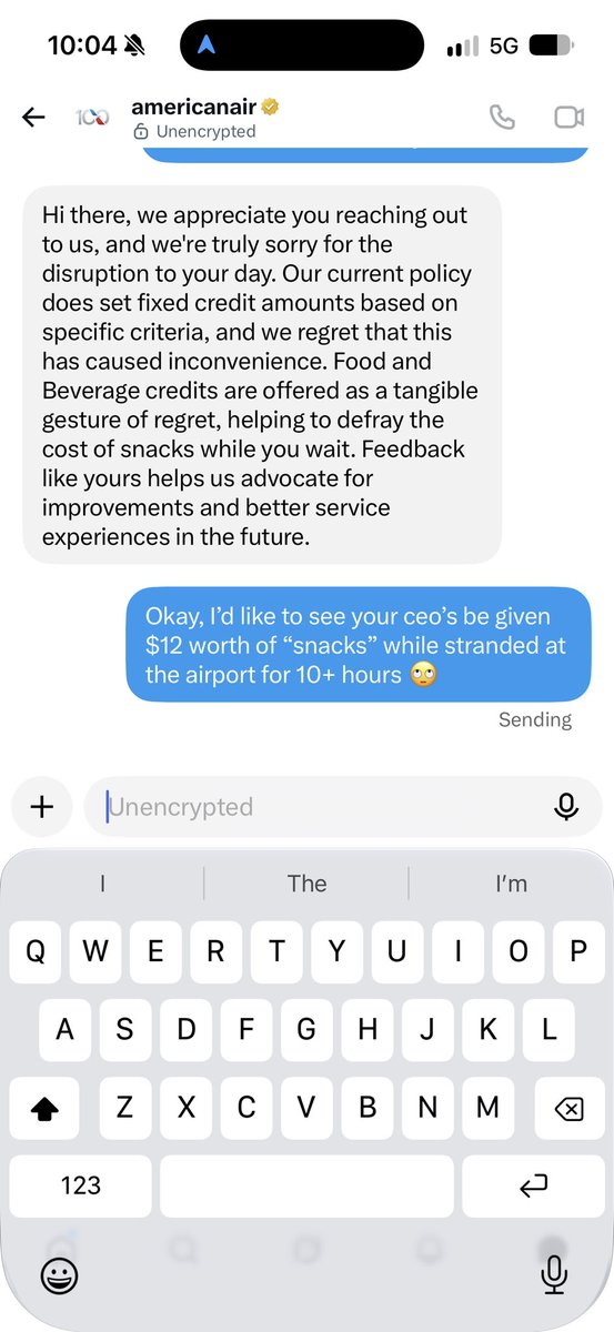 headshawtyy's tweet photo. @AmericanAir ‘s response to our flight being delayed by now 8 hours, resulting in sitting at the worlds worst airport for 10+ hours. https://t.co/bPEhhlsbTI