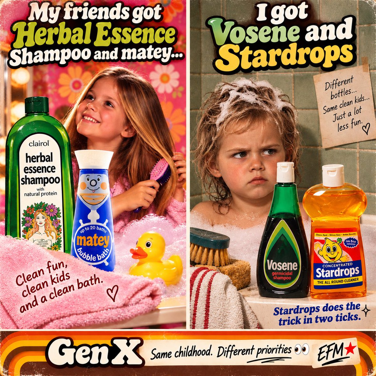 EFM_Star's tweet photo. Mum… what the ’eck were you thinking? 🤨
Vosene AND Stardrops?! 😬
It’s chemical warfare…😳
…and you called it bath night 🛁
You’d be arrested today 📋👀
Gen X — We survived ✊🏼
#WhatTheEckMum #GenX #70sChildhood #Vosene #Stardrops #HappyHeavenlyBirthday #Mum 🕊️ https://t.co/eq5t4TrAlO