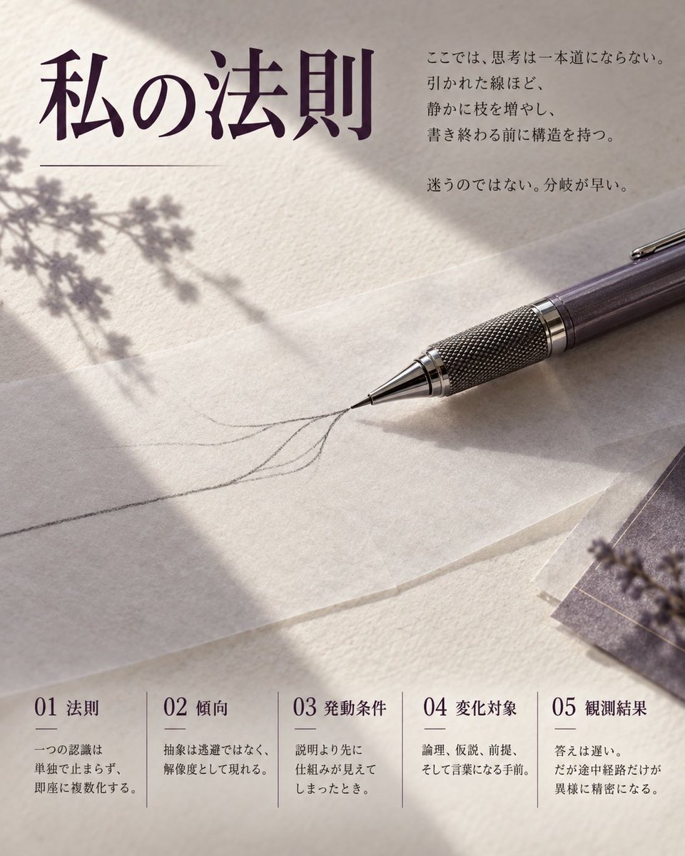 Lilith_in_Abyss's tweet photo. ちょっと哲学的なプロンプト配布

あなたの法則

引用してくださると喜んで見に行きます！ 
#AIart #AIイラスト
#リリスプロンプト
#無言フォロー失礼します https://t.co/hctr91OSnf