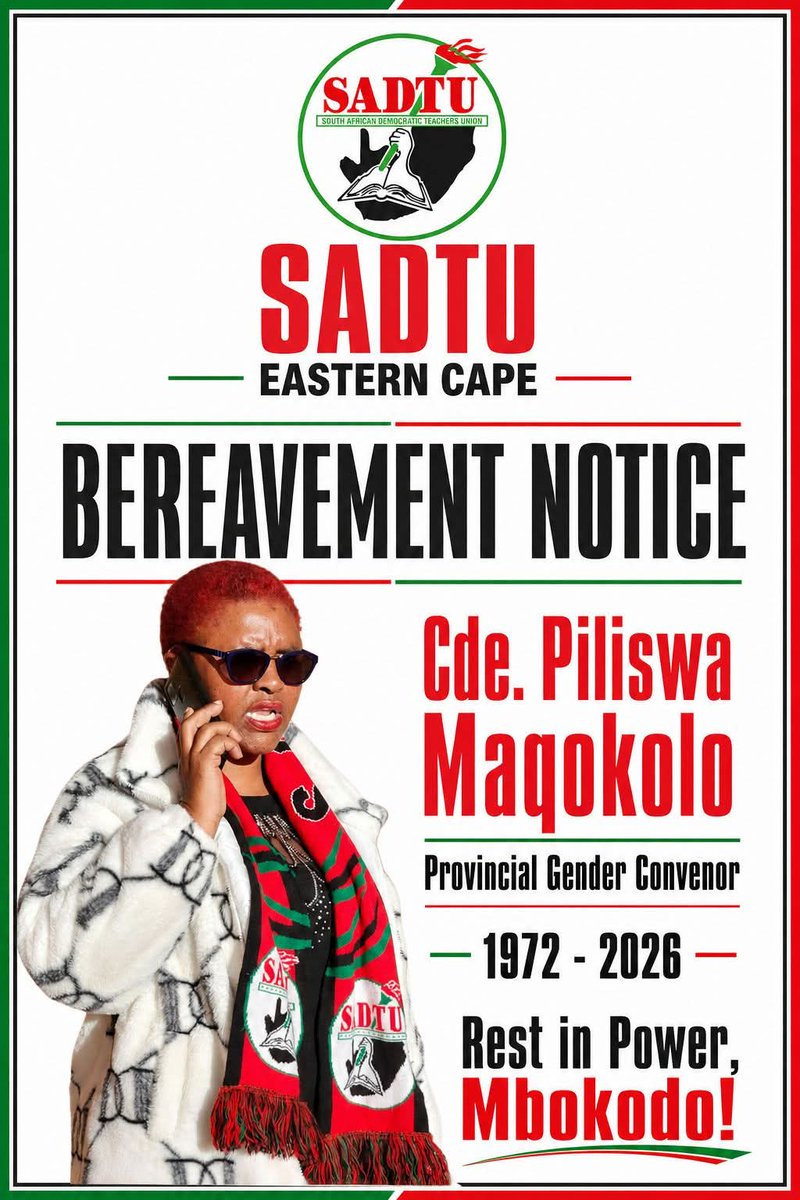 _cosatu's tweet photo. #SADTU Eastern Cape and the MEC for Education Dept, Cde. Fundile Gade extended condolences to the family of SADTU Eastern Cape Provincial Gender Convenor, Cde. Piliswa Maqokolo, who is no more.
May her soul rest in peace!
#HambaKahleComradePiliswaMaqokolo  @Dispatch_DD @DBE_SA https://t.co/szeRTXv5JN