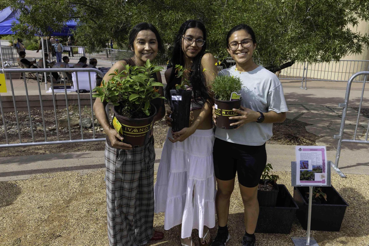 Three people hold potted plants at UTEP's Florafest, and outside plant sale on campus. 