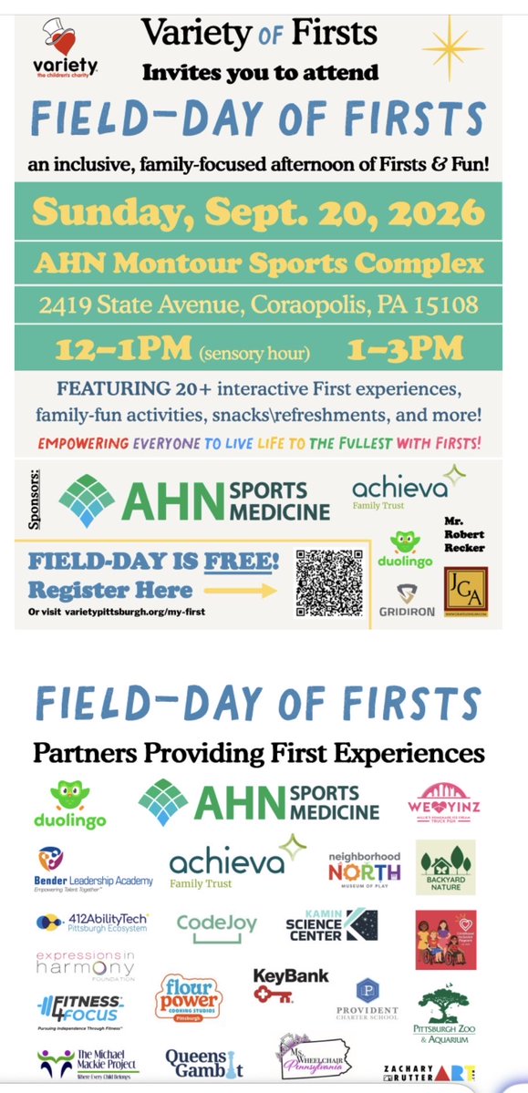 BakerLeadership's tweet photo. TODAY is our Variety Field Day of Firsts! It is free, fun, INSIDE, the game will be on here, and all are welcome to attend! YOU can join us between 12-3pm at AHN Montour Sports Complex inside for 20+ awesome activities at @varietykids Field Day of Firsts! ❤️ #VarietyOfFirsts https://t.co/AltiBExOyS
