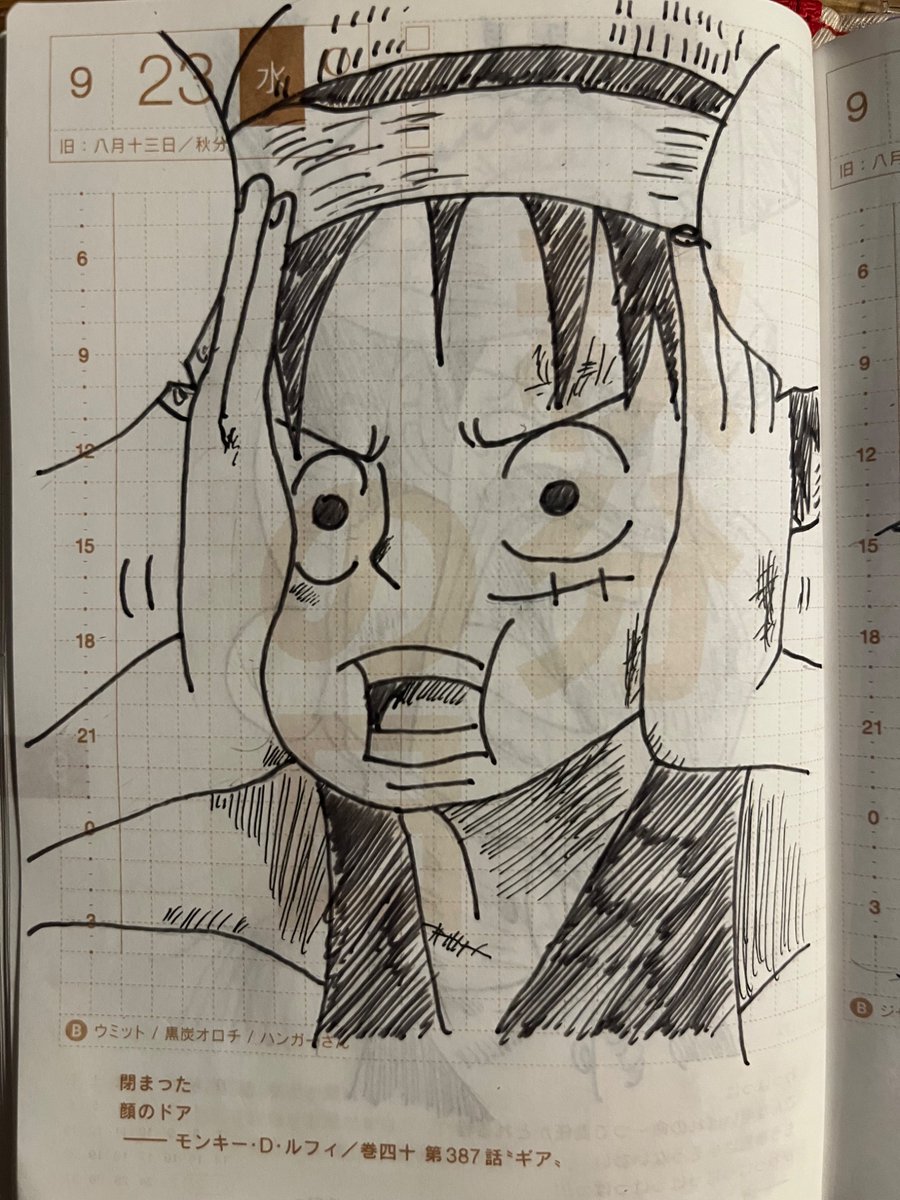 Kama_Chan_OP's tweet photo. 今日のほぼ日ワンピDIALOGUEは、ルフィ！
「閉まった　顔のドア」

ガチ戦闘中のこの緩急、流石ルフィ。
#ONEPIECE 
#ほぼ日手帳2026
#模写イラスト https://t.co/oO56H9YAF5