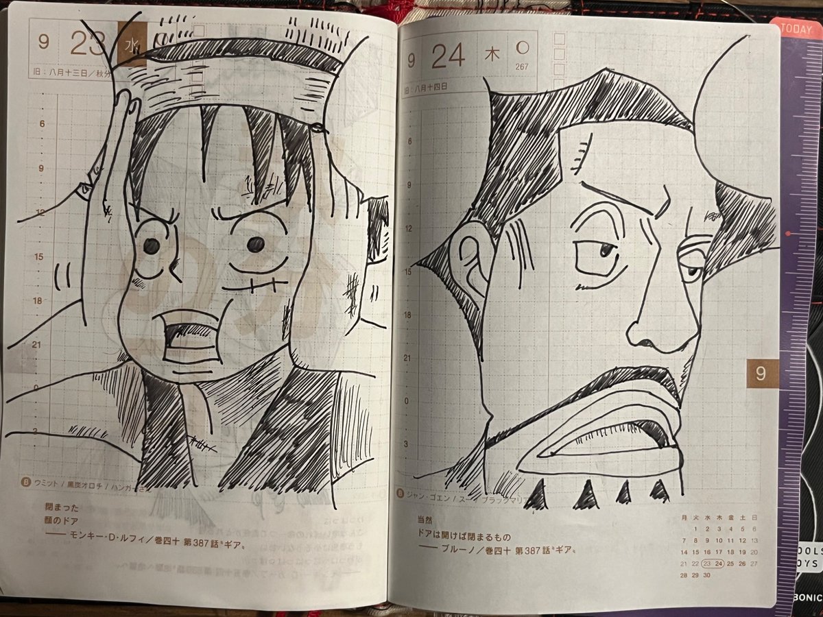 Kama_Chan_OP's tweet photo. 昨日〜今日の見開きはこちら！
#ONEPIECE 
#ほぼ日手帳2026
#模写イラスト https://t.co/mbx1KZntoZ