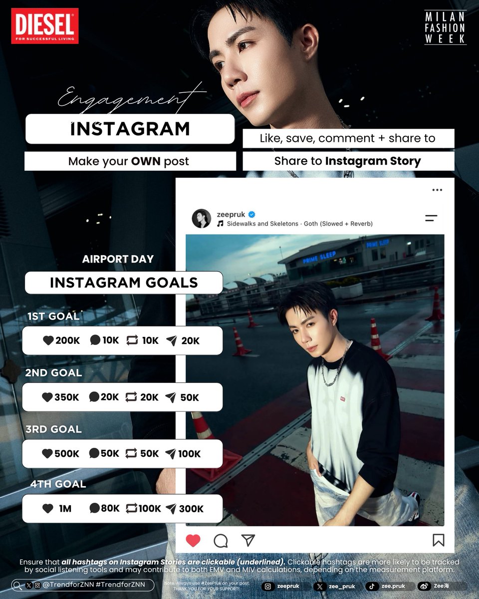 TrendforZNN's tweet photo. 𝗠𝗜𝗟𝗔𝗡 𝗙𝗔𝗦𝗛𝗜𝗢𝗡 𝗪𝗘𝗘𝗞 ✈️
@DIESEL #DIESEL

𝐈𝐍𝐒𝐓𝐀𝐆𝐑𝐀𝐌 𝐏𝐎𝐒𝐓 𝐆𝐎𝐀𝐋𝐒 ❤️‍🔥

ZeePruk has made his first official post for DIESEL on OG. We’ve set engagement goals that we hope to achieve! These interactions are very important in boosting visibility and impact, so every thoughtful action counts.

Please take note of the following reminders:

- Avoid spamming or posting repetitive comments.
- Engage at natural intervals to prevent being flagged as a bot.
- Prioritize meaningful interactions, like relevant comments, shares, and saves, rather than volume alone.
- Use varied wording when commenting to keep engagement authentic.
- Support fellow fans by liking and replying to their comments to build organic interaction.

Official Post >
🔗https://t.co/jxF9SFbfgp

Sample comments you can use are listed here >
🔗https://t.co/aoyV5stJDJ

ZEE PRUK GO TO MILAN
#ZEEPRUKDIESEL
#DieselSS27

@zee_pruk #ZeePruk