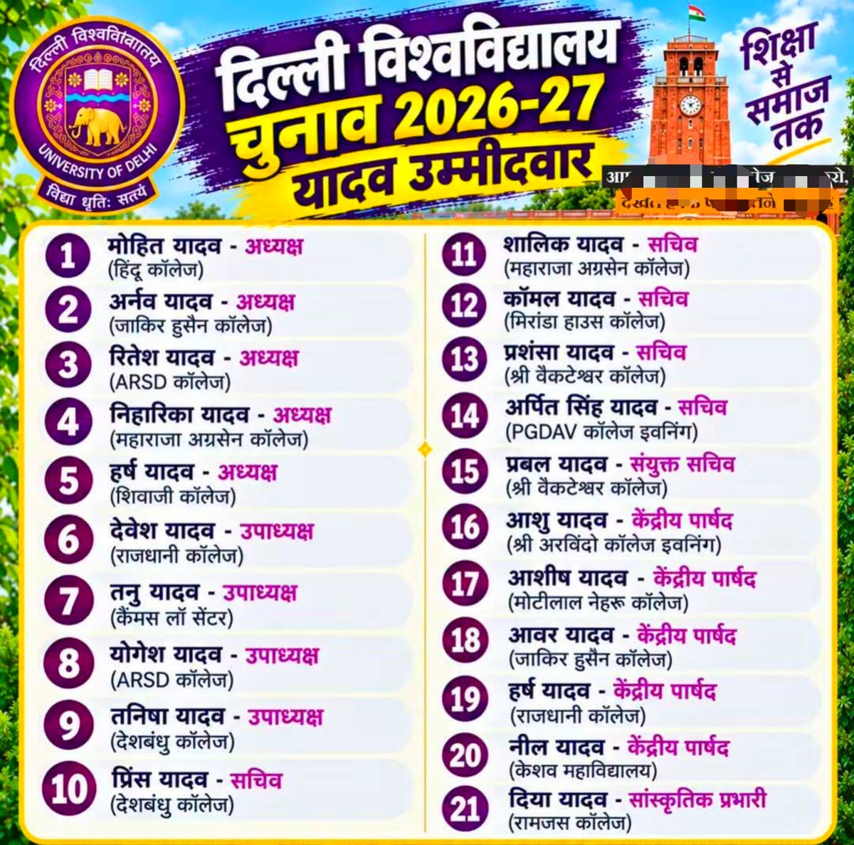 Sandeep_Ydv_007's tweet photo. दिल्ली यूनिवर्सिटी चुनाव में सभी यादव उम्मीदवार जीतने पर बधाई व शुभकामनाएं ✌️
#Dusu #yadavsamaj #ahir_community #ahirwal #ahircommunity https://t.co/hQnoNP58qP
