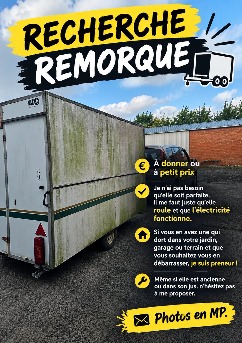 nicos64event's tweet photo. RECHERCHE REMORQUE 🚚
Je recherche une remorque de ce genre, à donner ou à petit prix.

📩 Photos en MP.

#remorque #nouveauprojet #musique #passion #dj https://t.co/pPFxDMOGPv