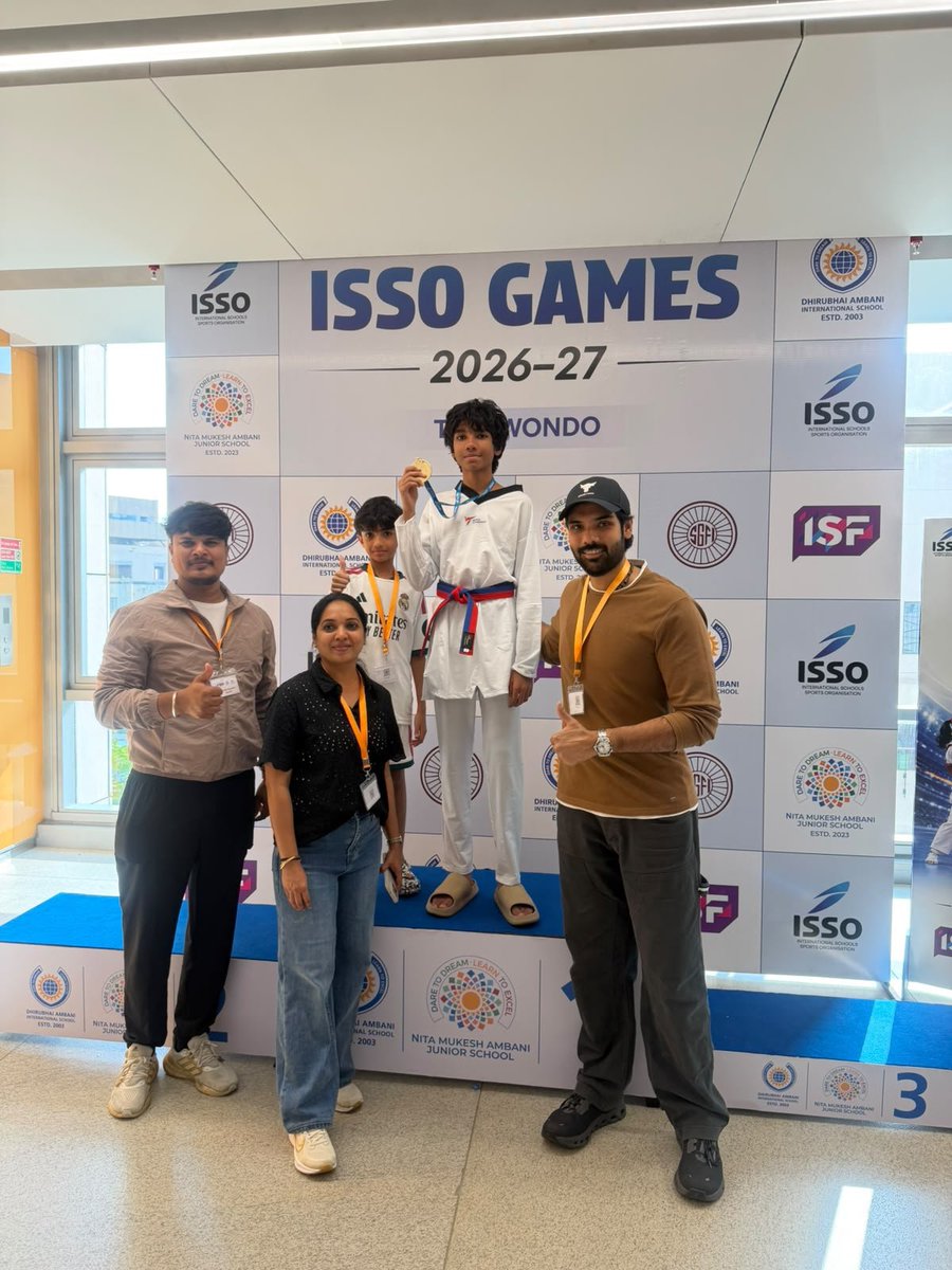 StudioFramesIn's tweet photo. Proud moment for actor @Sibi_Sathyaraj and his family ❤️

His son #Dheeran has won the Gold Medal 🥇 in Taekwondo at the ISSO Games 2026–27, held at Dhirubhai Ambani International School, Mumbai. https://t.co/GgY7NlR8N3