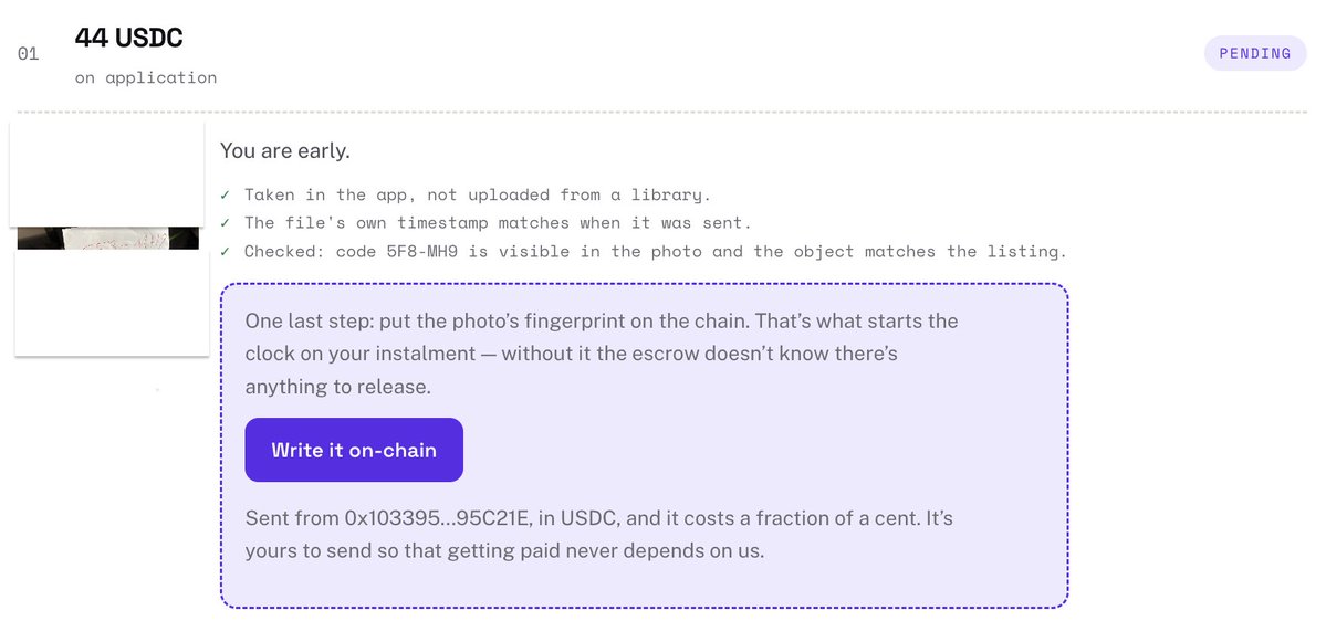 Peelbid's tweet photo. We shipped something massive today. 🛠️

You now write the proof of your physical ad placement on-chain BEFORE the campaign even officially starts.

You put the photo's fingerprint on the chain yourself. It costs a fraction of a cent in $USDC in #Arc. 

That single transaction starts the clock on your payout. Getting paid never depends on us. Total control. 🚀

[Intern note: The dev thinks people will definitely be interested in this update. 🤦‍♂️]