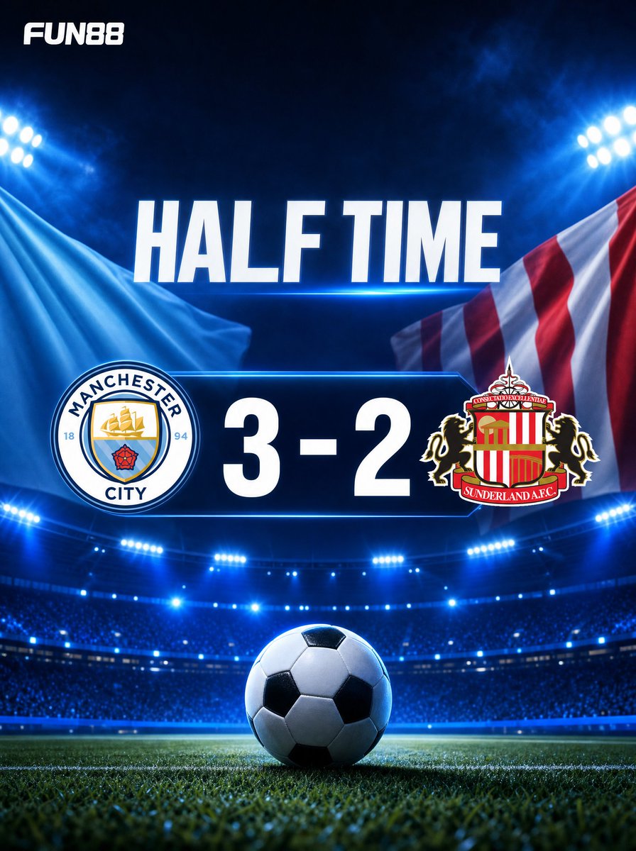 FUN88fans's tweet photo. จบครึ่งแรก: Manchester City 3-2 Sunderland. ผู้ทำประตู: Enzo Fernández 9', Rayan Cherki 29', Antoine Semenyo 43' ให้ Manchester City; Brian Brobbey 12' และ 33' ให้ Sunderland. https://t.co/dkZ9qV1yV8