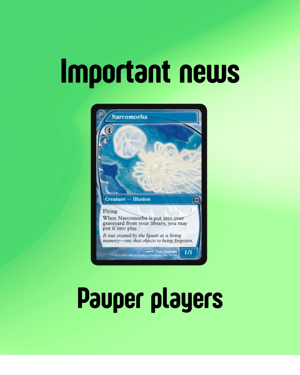 boardgg_mtg's tweet photo. Important news for Pauper players. Wizards reversed course on The Zeta Set — 12 commons now legal from September 7. Narcomoeba and Price of Progress banned immediately, several others on watch. 
Right call or wrong move? 👇

#MTG #Pauper #TheZetaSet #BGG

https://t.co/AbL0k7XCIk https://t.co/ytVzOGrwdx