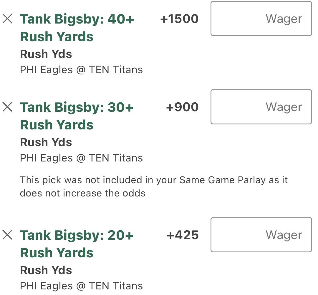 guyincornfields's tweet photo. Tank Bigsby is my play today.

Last week, the Jets ran for 152 yards on 39 carries with 2 rushing TDs against the Titans. Now a much stronger Eagles team gets a change to do damage.

Bigsby only had 1 carry last week, but that workload shouldn’t be treated as his full season role. He still stayed involved on special teams with 2 kick returns for 50 yards.

It’s also going to be extremely hot in Nashville today. That creates a couple paths to Bigsby getting more work: Philly can use him to give Saquon Barkley some reps off in the heat, or if the Eagles build a big lead, Bigsby could get plenty of garbage time carries.

I’m betting on the bounce back today.

Rushing Ladder:
Attempts
O 2.5 -102
5+  +525
Yards
O 7.5  -122
20+ +425
30+  +900
40+  +1500

If you want to get crazy ATD is 8/1 and 2 TD's as high as 125/1.