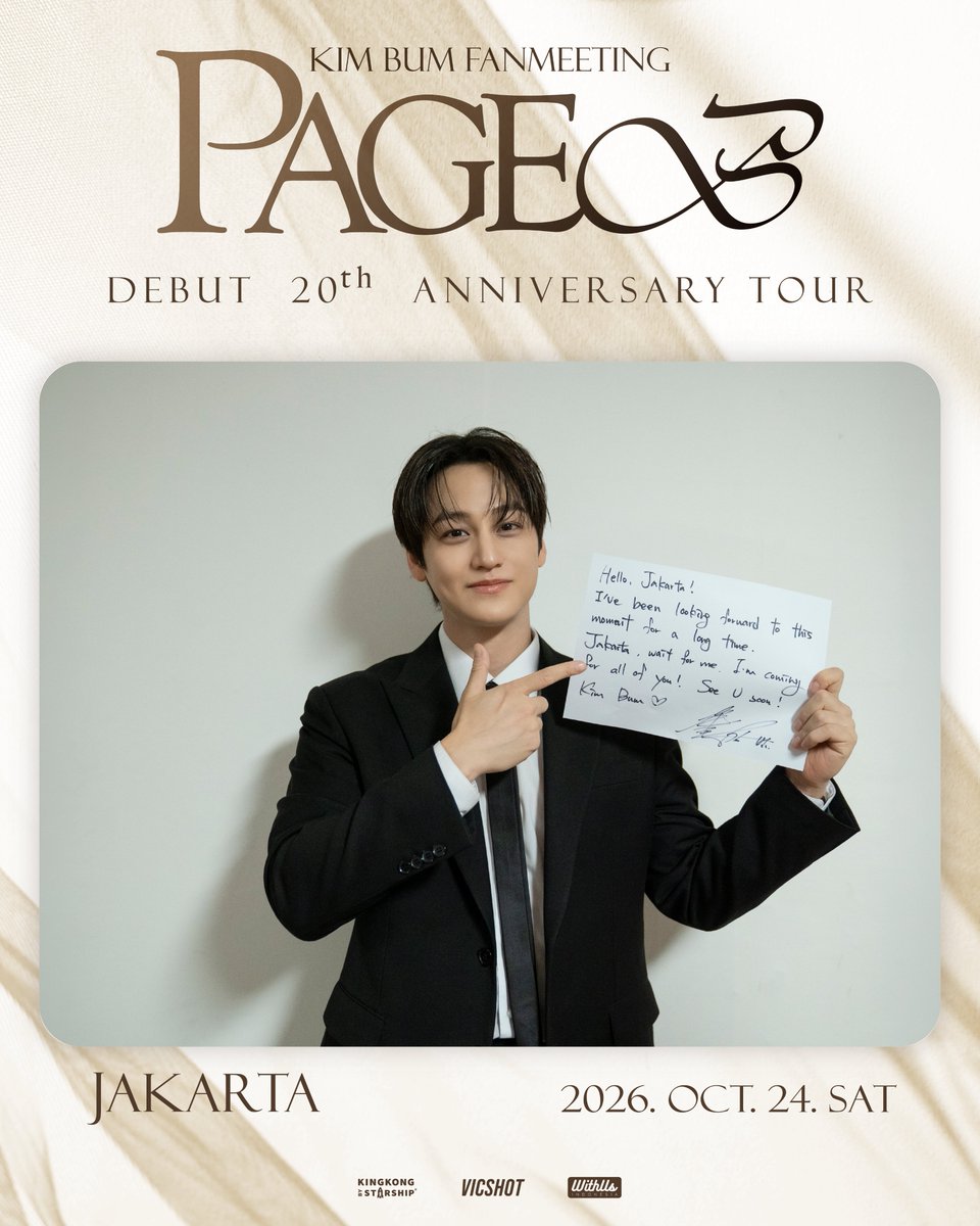 withusind's tweet photo. Bersiap menyambut KIM BUM di Jakarta dalam [PAGE∞] 20th Debut Anniversary Tour! 🎉

Yuk, rayakan perjalanan 20 tahun KIM BUM bersama dan ciptakan momen yang nggak akan terlupakan! 🥹✨

Jakarta, sampai jumpa!
KIM BUM is coming to meet you! 🤍

#kimbumPAGE∞ #kimbumjakarta2026 #withusindonesia #kimbumfirstlove
