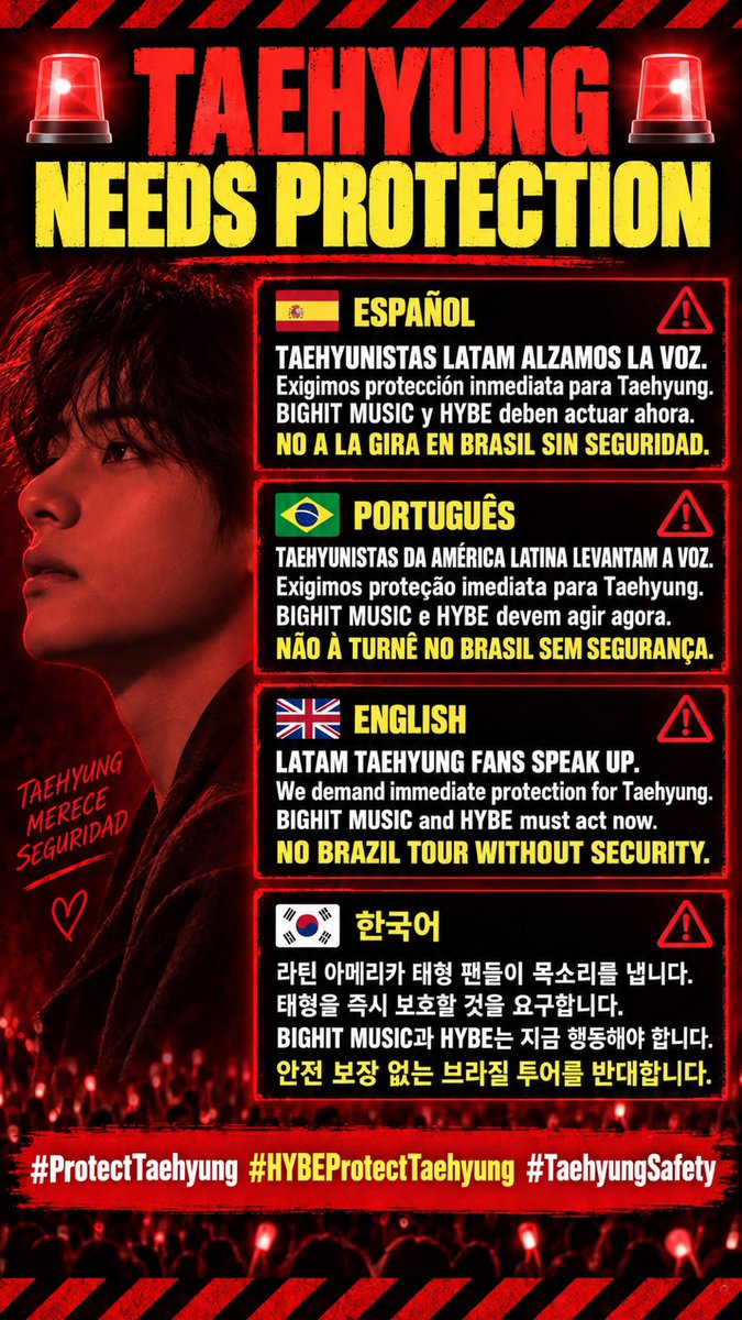 TaeCrewBol's tweet photo. Existen amenazas graves contra Taehyung, previas a la gira en LATAM, específicamente en Argentina y Brasil.

LA SEGURIDAD DE TAEHYUNG DEBE SER UNA PRIORIDAD.
EXIGIMOS MEDIDAS Y GARANTÍAS DE PROTECCIÓN.

@BIGHIT_MUSIC @HYBEOFFICIALtwt

HYBE PROTECT TAEHYUNG
BIGHIT PROTECT TAEHYUNG https://t.co/grXQMMA3ZE