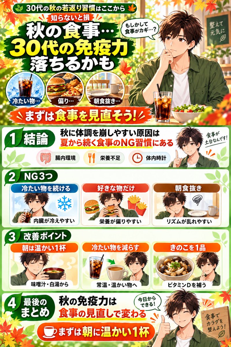 30Leafy's tweet photo. 毎年秋になると体調を崩してしまう30代
夏から続く食事のNG習慣が原因かもしれない

冷たいものをそのまま続ける 栄養バランスを意識しない 朝食を抜き続ける
この3つが秋の免疫力を落としやすくなる

まず朝に温かい味噌汁か白湯を1杯飲むだけで変わる

#秋バテ #免疫力 https://t.co/acXpYWdcCj