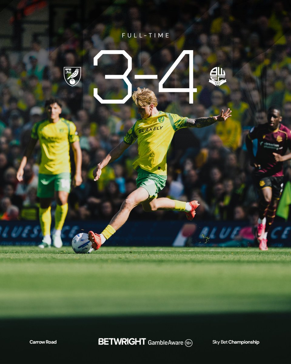 Full-time: Norwich City 3-4 Bolton Wanderers.