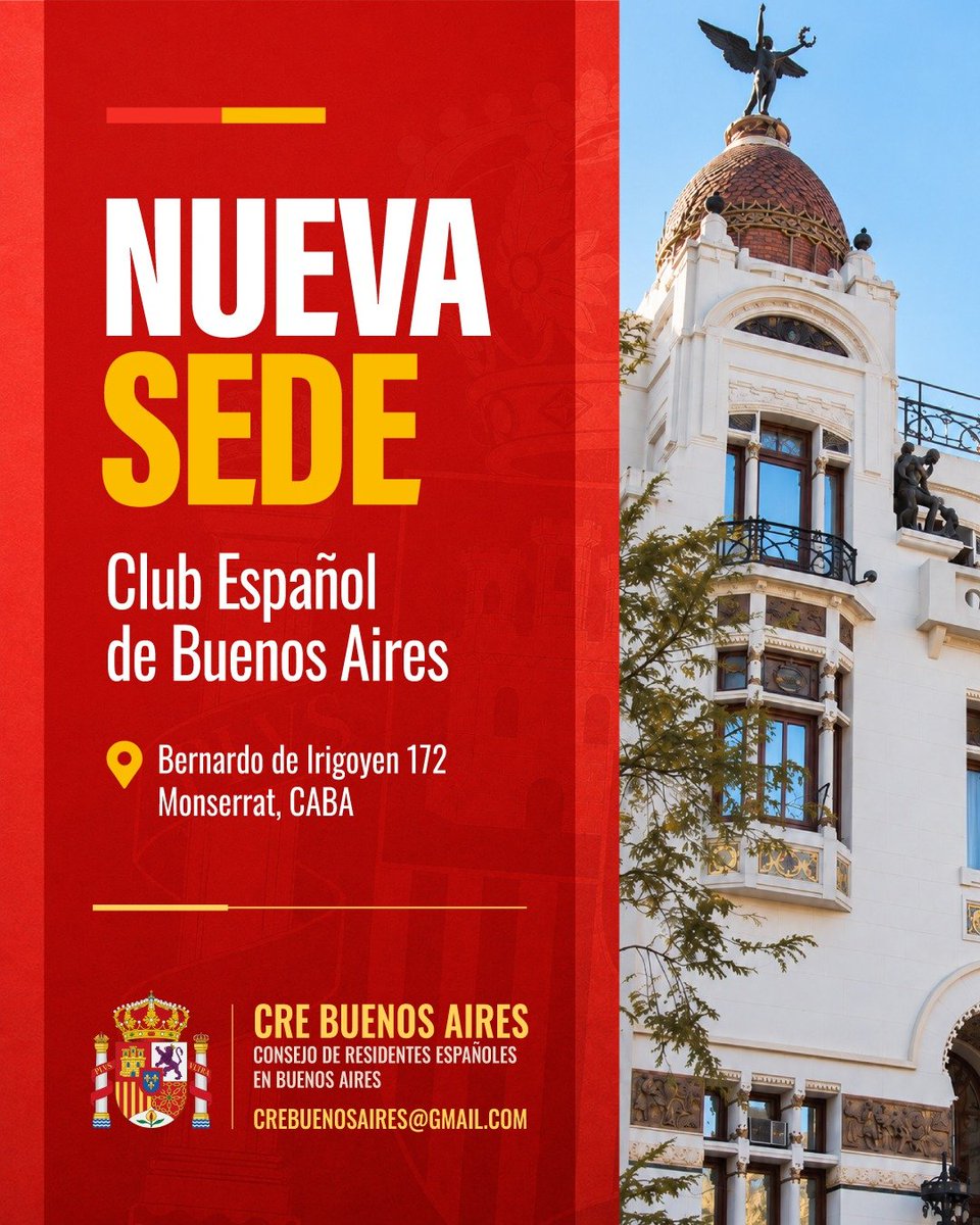 crebuenosaires's tweet photo. 🇪🇸 El Club Español será la nueva sede del @crebuenosaires.

📌 Fundado en 1852, es la primera institución de la colectividad fuera de España del mundo.

ℹ️ Toda nuestra actividad, como la atención a la ciudadanía de los miércoles, se desarrollará en esta casa.

😃 ¡Los esperamos! https://t.co/KHGuVFO3Ic
