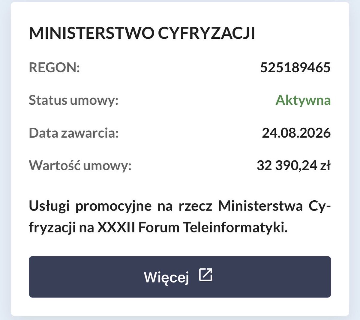 MeitzPL's tweet photo. ⁉️ Czy @CYFRA_GOV_PL zawarło z prywatną firmą umowę na 32 390,24 zł dotyczącą usług promocyjnych podczas konferencji, której Patronem Honorowym jest Minister Cyfryzacji @KGawkowski? ⁉️

⁉️ Czy organizator konferencji oferuje partnerom biznesowym “kontakty ze znaczącymi odbiorcami usług” okraszając je zdjęciami przedstawiciela Ministerstwa Cyfryzacji? ⁉️

⁉️ I czym różni się patronat honorowy od sponsoringu konferencji i od zakupu usług promocyjnych przez instytucję publiczną? ⁉️

Szanowni Państwo, wybaczą Państwo clickbait, ale przy niedzieli pozwolę sobie na konkretnym przykładzie pokazać, dlaczego dzieje za rzekomą “aferą” o pakiety sponsorskie i próba uwikłania w nią @prezydentpl jest absurdalna.

👉 Już za cztery dni rozpocznie się XXXII Forum Teleinformatyki.

👉 Jednym z organizatorów wydarzenia jest prywatna spółka BizTech Konsulting S.A. ￼

👉 Organizator zaprasza firmy do zostania partnerami Forum.

👉 Wśród korzyści dla partnerów wymienia https://t.co/MuzPUnHXQj. możliwość nawiązywania relacji biznesowych, bezpośrednie dotarcie do potencjalnych klientów oraz “kontakty ze znaczącymi odbiorcami usług”. ￼To ostatnie okrasza - o ile się nie mylę - zdjęciem przedstawiciela Ministerstwa Cyfryzacji.

👉 Patronat honorowy nad konferencją sprawuje minister cyfryzacji Krzysztof Gawkowski. 
￼
A teraz hit.

‼️ Ministerstwo Cyfryzacji zawarło z organizatorem umowę o wartości 32 390,24 zł na “Usługi promocyjne na rzecz Ministerstwa Cyfryzacji na XXXII Forum Teleinformatyki”. ‼️

Czekam teraz na równie alarmistyczne komentarze przedstawicieli rządu i przychylnych im mediów. I na wezwania do natychmiastowych dymisji również.

A na poważnie - głupszego rządowego spinu dawno nie widziałem.

Dobrej niedzieli. A ja wracam do obserwacji wyborów do landtagów w Niemczech.

Linki źródłowe w komentarzach.