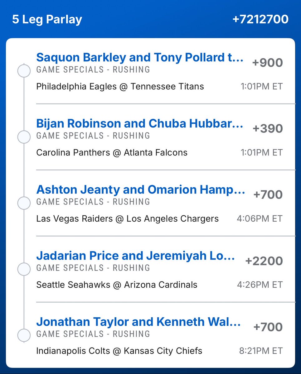 WeLikeBigBets's tweet photo. Running Backs are BACK Combo Parlay that I’m sprinkling on. All to combine for 200 rush yards, Taylor/Walker for 250. https://t.co/tPkSoriMn8