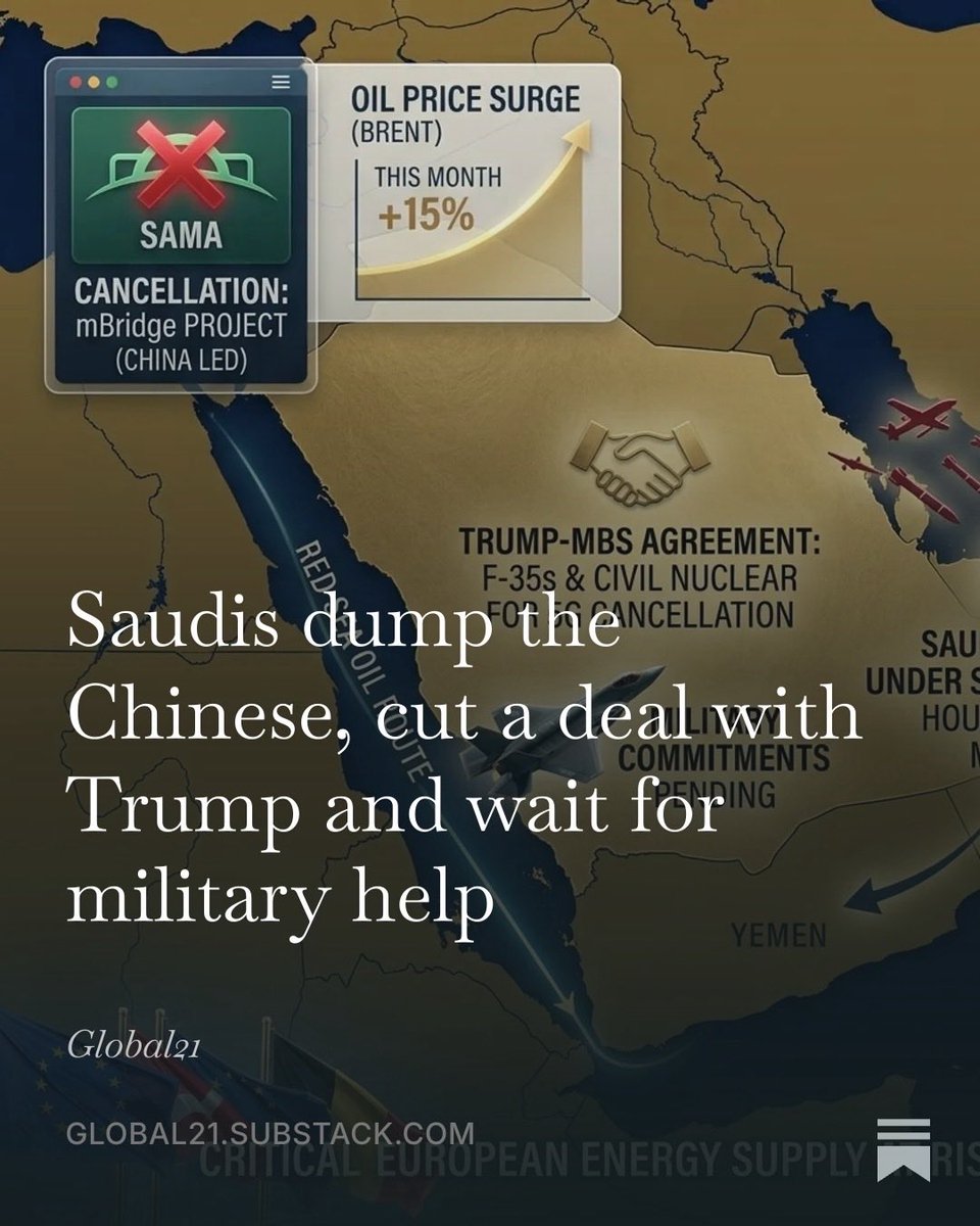pati_marins64's tweet photo. Saudis dump the Chinese, cut a deal with Trump and wait for military help

The Saudis announced the cancellation of mBridge, a central bank digital currency system designed to reduce U.S. dollar reliance.

SAMA (the Saudi Central Bank) joined as an observer in 2023, piloted the project in 2024, and wrapped up formal membership in May 2025. 

The kingdom offered a flimsy excuse, claiming it had already walked away from the program long ago and that the relationship never went beyond a test.

The problem is that through May, June and July 2026 the Financial Times itself, the Hong Kong press and analyses such as Forbes were still treating SAMA as a member. In September, a policy paper still listed Saudi Arabia in the project. There is no official SAMA note from May 2025 saying they had left.

What exists now is Riyadh telling the FT that the pilot ended on May 13, 2025, and that after that it was no longer a participant. That is obviously not how governments handle an exit from programs like this.

And it isn’t only that. With the F-35 purchase, the Saudis will also have to give up more of the Chinese 5G networks.

Official contracts for the sale of sensitive technologies like the F-35 come with rigid clauses on data encryption, network security and physical access control at military bases. 

The Pentagon formally requires that no communications technology from rival countries interact with, or share networks near, the aircraft’s ecosystem.
 They warn that the presence of those companies creates risks of electronic espionage and reverse engineering of F-35 systems.

No question this is a setback for the relationship China had been building with the Saudis.

But what did Trump actually offer the Saudis in this current negotiation?
Trump folded and handed over the nuclear program, now the F-35s, but weeks ago he refused to join the Saudi naval coalition against the Yemenis, and more recently he refused to bomb Yemen to help MBS, who has taken recent hits with the Houthi advance against his allies.

The Houthis then stepped up the bombing of Saudi installations, pushing oil above $105, and that is what brought Trump back to stitch together a deal with Bin Salman.

Read more
https://t.co/ZjlA7gfCCi