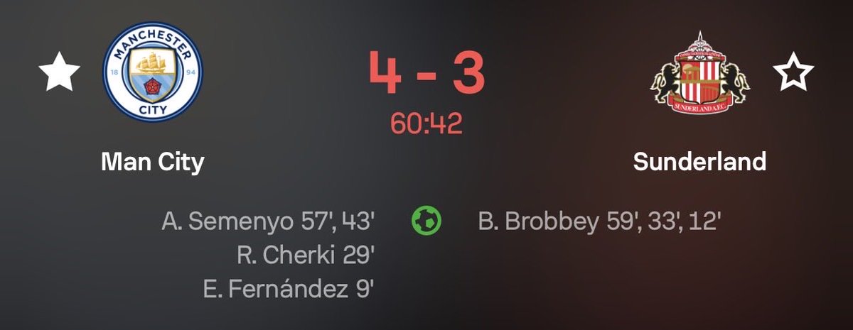 Scott3040's tweet photo. 🔥 4-3! SUNDERLAND ARE NOT DONE YET! BROBBEY HAT-TRICK! 🤯⚽

WHAT A GAME OF FOOTBALL ARE WE WATCHING, MAN?! 😭🔥 BROBBEY WITH THREE GOALS TODAY! Sunderland keep fighting, and this game is pure madness!

MANCHESTER CITY 4-3 SUNDERLAND — THIS IS ABSOLUTE CINEMA! 🍿🔥 https://t.co/T6ufScWjMO