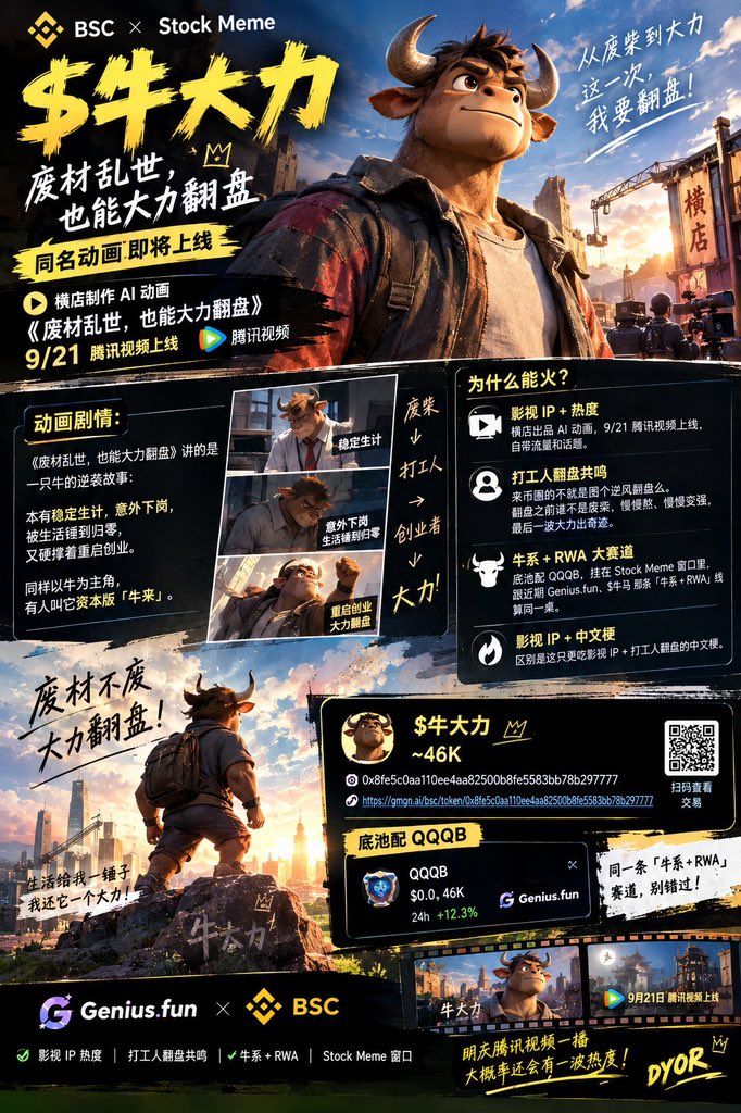 HoaTrinh2711's tweet photo. This is an animated series featuring a cow as the protagonist, scheduled to premiere on Tencent Video on September 21. The story centers on Niu Da Li, a man who—despite leading a stable life—suddenly faces a career crisis and finds himself unemployed. Faced with the pressures of life and external skepticism, this middle-aged man chooses to start over from scratch and embark on a journey of self-made entrepreneurship.

0x8fE5c0Aa110eE4AA82500B8fE5583bB78B297777

130K DYOR