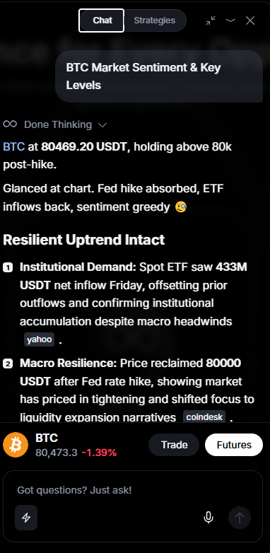 fpemdnjs01's tweet photo. @MEXC #TradingTakesTwo
UID : 90884091
Asked MEXC AI for BTC market sentiment &amp; key levels! The real-time analysis is super fast and helpful. https://t.co/kf1EpbtN6a