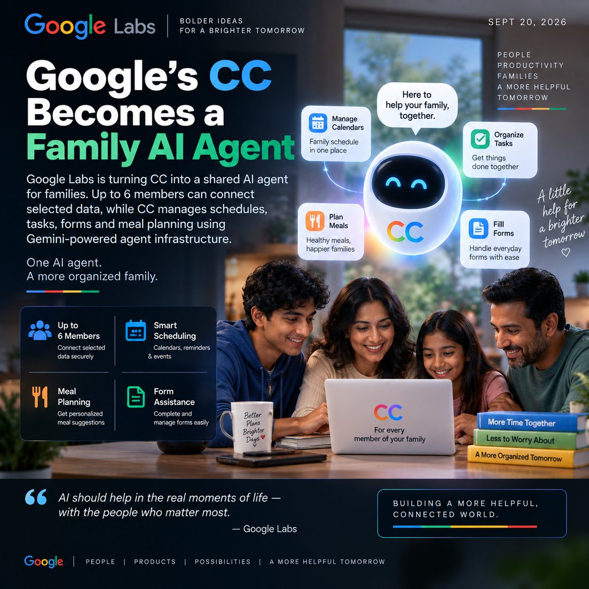 chintu_122's tweet photo. 🤖 Google Labs is turning CC into a shared AI agent for families. Up to 6 members can connect selected data, while CC manages schedules, tasks, forms and meal planning using Gemini-powered agent infrastructure.
#Google #Gemini #AI #AIAgents #GoogleLabs #FutureOfAI https://t.co/CL5VT6aqcS