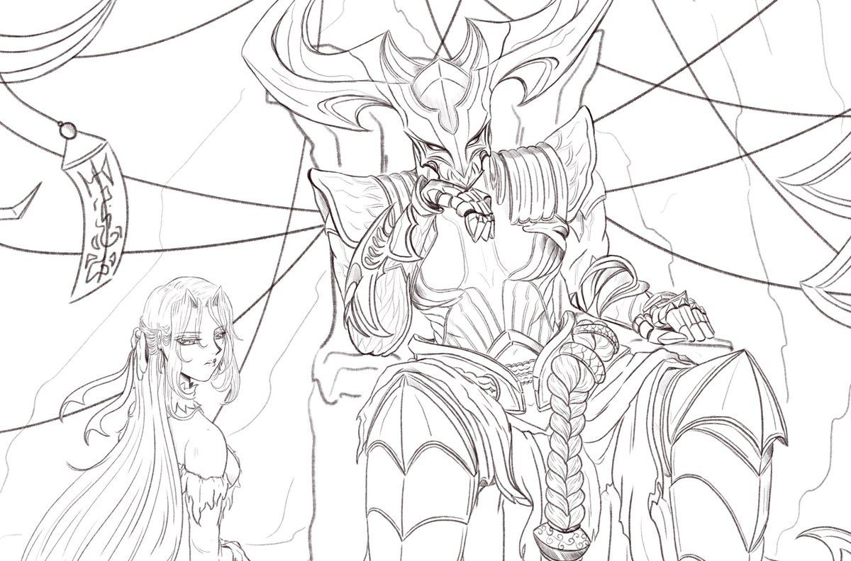 xVampirath's tweet photo. This is one of the most detailed drawings I've created without adding color; I really like Rhaast—Kayn's alter ego in League of Legends—so I tried drawing him alongside my original character in this scene. #digitalart #rhaast #sketch #leagueoflegends #vampirath https://t.co/NJXWvXCdak