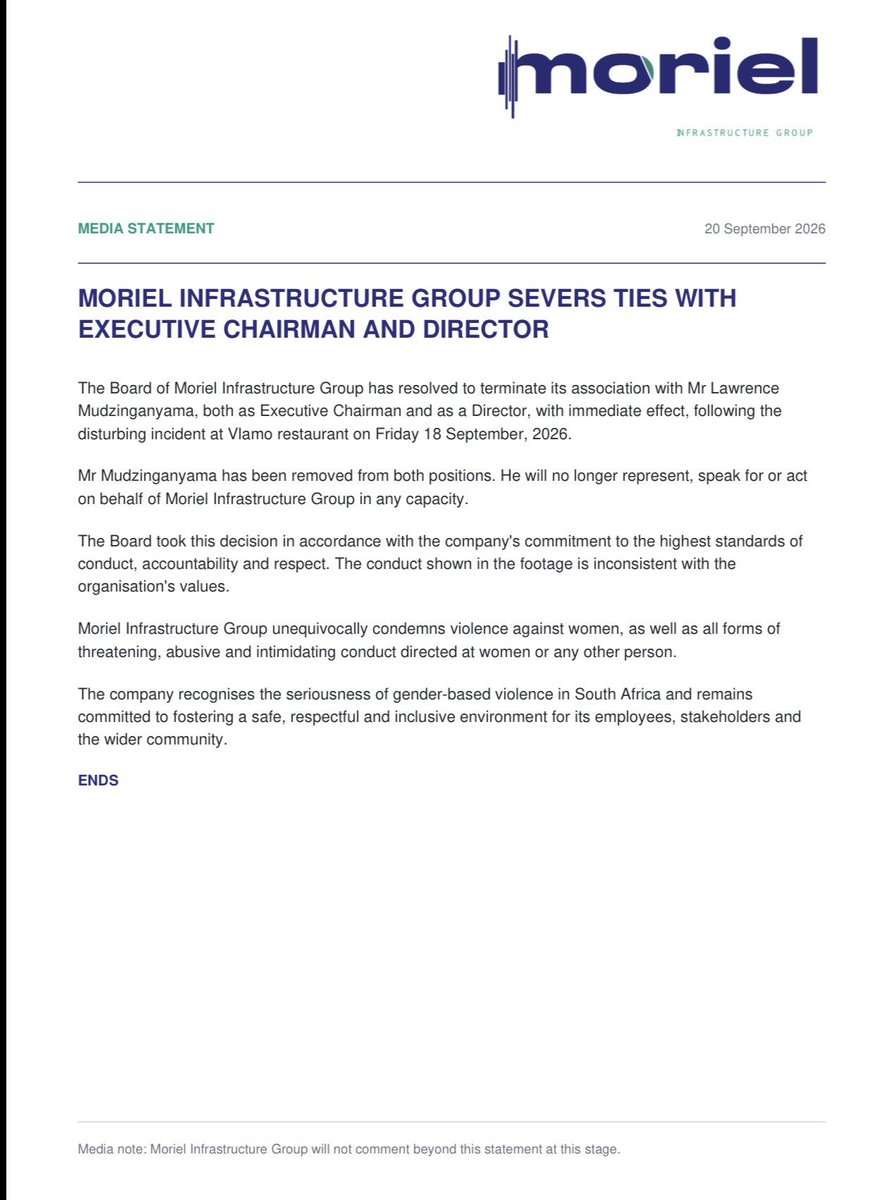 Rahul_AJ_1990's tweet photo. And here it is -

The inevitable "distancing" of the owner/MD/Chair from his own company.

As advised by the Company Secretary/Lawyer.

So as to absolve & distance the company from its owner.

Uhm, newsflash, Moriel - too late. Black twitter is in overdrive, not seen since Zuma formed MKP.

All Moriel's tenders are pinned on the noticeboard, the Minister has called for Sanral to investigate, eThekweni senior officials are deleting their Moriel contacts, politicians are scurrying to deny any association with Lawrence, & all his side-pieces are doing the same...

The writing is on the wall of the Sandton powder room, and it's not coming off. The result is going to be worse than the hiding the All Blacks got from Siya Kolisi's Springboks.

(Your tenders may be given to Sodi... 😔🤪)