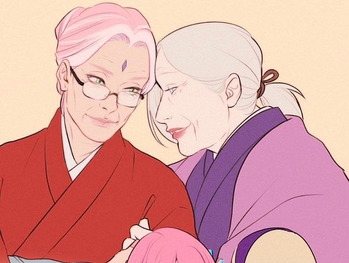 Vonetteee's tweet photo. reminds me of this InoSaku art of them as elderly women where Sakura’s hair looks exactly like that https://t.co/ot3TokM2MU