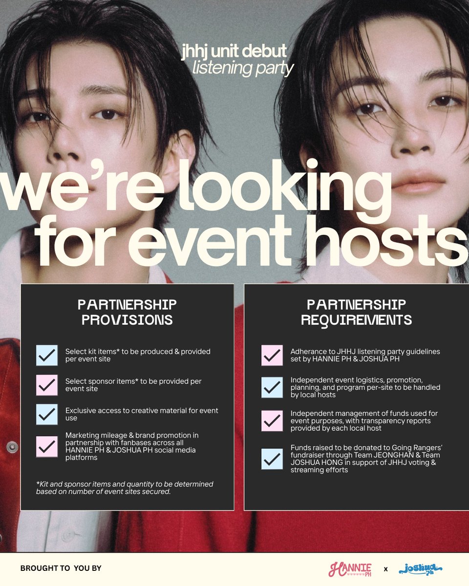 jisoohong_ph's tweet photo. JHHJ UNIT DEBUT PREP
with @jeonghannieph & @jisoohong_ph 

We’re looking for event hosts who will help us execute JHHJ listening parties across the country! 🩵🩷 

Help us gather JJFs & JSSS to dance, sing-along, and enjoy JHHJ’s debut 🤩

If you’re interested, please send us a DM! Our communication lines are open for inquiries as well. Let’s work together!

#JEONGHAN #JOSHUA
#정한 #조슈아 #SEVENTEEN