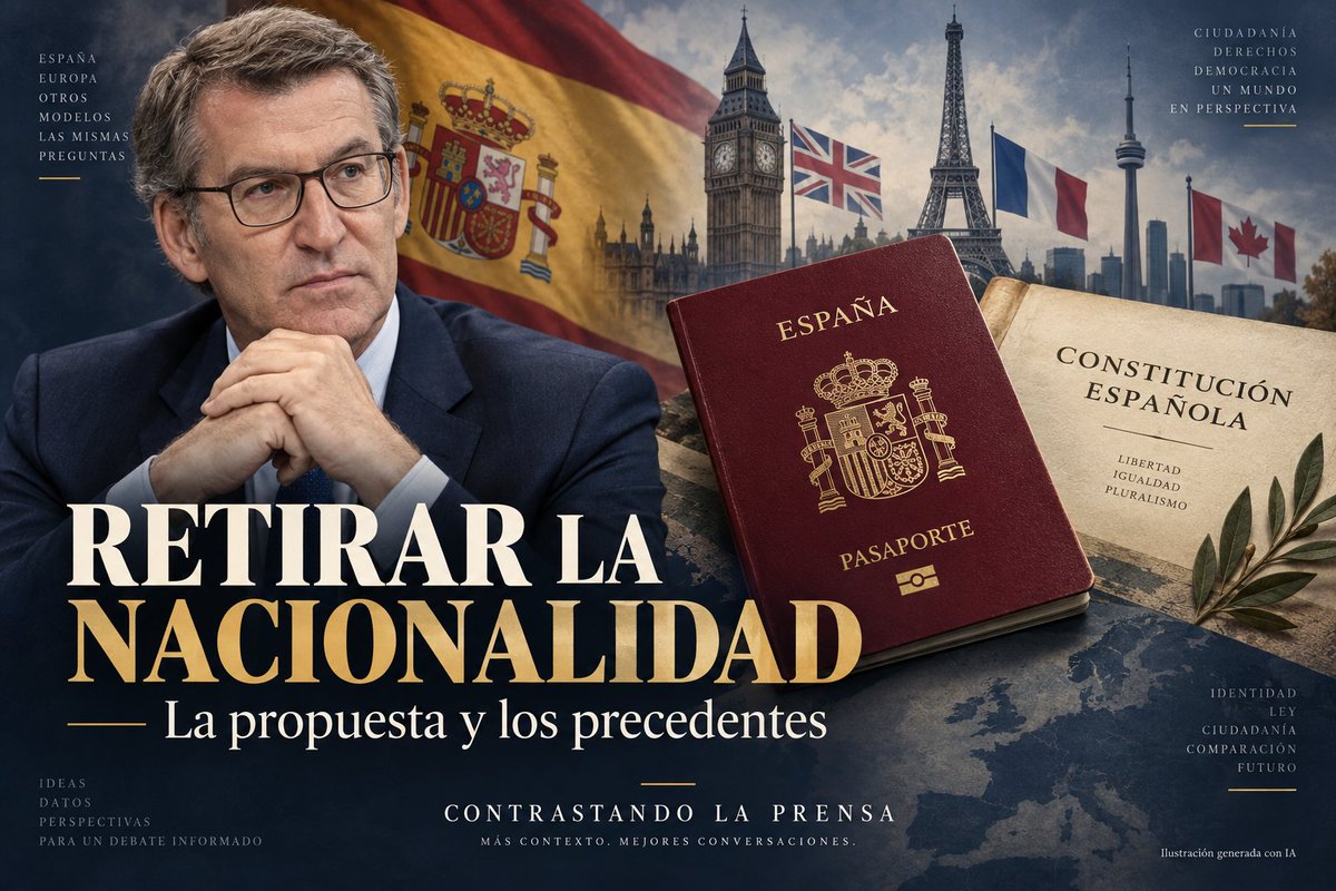 Contrastaprensa's tweet photo. RETIRAR LA NACIONALIDAD: QUÉ PROPONE FEIJÓO Y QUÉ HAN HECHO OTROS PAÍSES

HECHO | Feijóo propone revisar cómo se concede, conserva y pierde la nacionalidad española, mencionando a asesinos y miembros de organizaciones criminales o armadas. El anuncio todavía deja por concretar los afectados, el procedimiento y las garantías.
CONTEXTO | La Constitución establece que ningún español de origen puede ser privado de su nacionalidad. Cambiar esa protección exigiría una reforma constitucional.

España ya permite anular una nacionalidad obtenida mediante fraude, con sentencia firme. Es distinto de retirarla por un delito cometido después.
Hay precedentes internacionales, pero con diferencias importantes:

🇬🇧 Reino Unido permite la retirada por terrorismo y delincuencia organizada grave. Decide Interior y cabe recurso.

🇫🇷 Francia la contempla por terrorismo y otros supuestos tasados para personas que adquirieron la nacionalidad y conservan otra, con límites temporales y garantías.

🇨🇦 Canadá recorrió el camino contrario: en 2017 eliminó las causas de retirada relacionadas con seguridad nacional y mantuvo la vía del fraude.

INTERPRETACIÓN | La propuesta tiene precedentes democráticos, pero estos no demuestran que cualquier fórmula encaje en España ni que reduzca la delincuencia.

Para valorarla necesitamos conocer el texto: a quién afectaría, por qué delitos y quién decidiría. La contundencia del anuncio no resuelve su aplicación.

Contrastando la prensa.