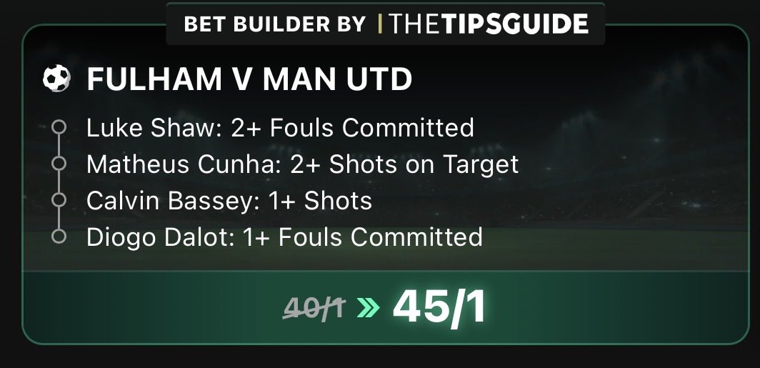 thetipsguide's tweet photo. 45/1 Fulham v Man Utd Boost 🤞🏼

Load to your slip..

Here 👉 https://t.co/9u2k4xjTJ0

Price subject to change.

18+ gambleaware #AD T&amp;Cs apply https://t.co/Tbn8HlcSgE