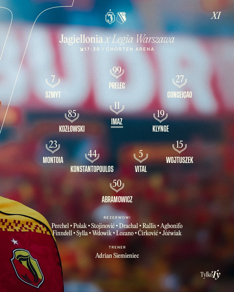 szzyymon's tweet photo. Skład niezmieniony względem meczu z Olympiakosem z wyjątkiem Kozłowskiego, który wchodzi za kontuzjowanego Tarasa. Ousmane Sow nadal pauzuje.

🔜 | #JAGLEG https://t.co/8pPW9LbUHO