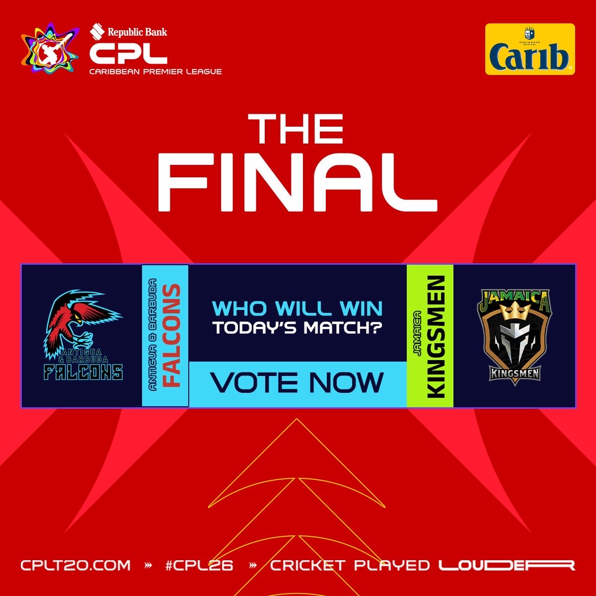 CPL's tweet photo. 𝐖𝐡𝐨 𝐰𝐢𝐥𝐥 𝐰𝐢𝐧 𝐭𝐡𝐞 𝐂𝐏𝐋 𝐅𝐢𝐧𝐚𝐥?

The Antigua &amp; Barbuda Falcons OR the Jamaica Kingsmen?🇦🇬x🇯🇲

#CPL26 #ABFvJK #CricketPlayedLouder #BiggestPartyInSport #Carib https://t.co/vp6PxCKeWp