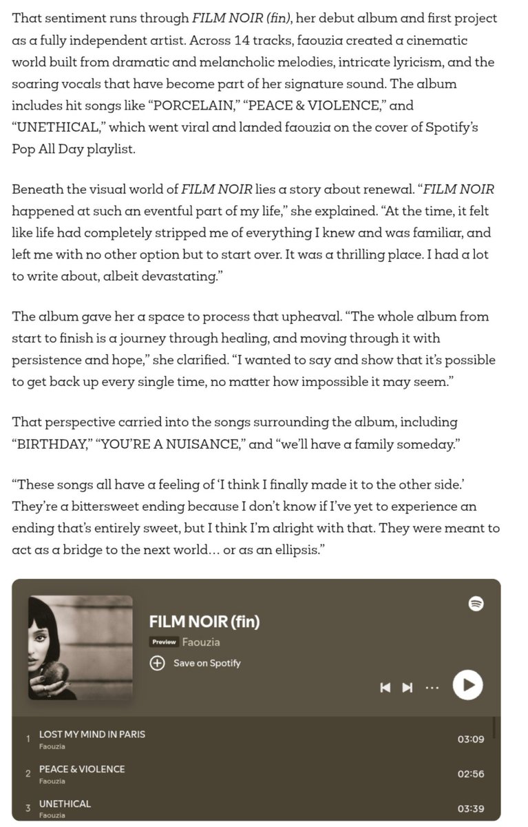 faouziafeeds's tweet photo. “These songs all have a feeling of ‘I think I finally made it to the other side. They’re a bittersweet ending because I don’t know if I’ve yet to experience an ending that’s entirely sweet. They were meant to act as a bridge to the next world” 

📸: @faouzia via Melodic Magazine https://t.co/LiCSemQD6U