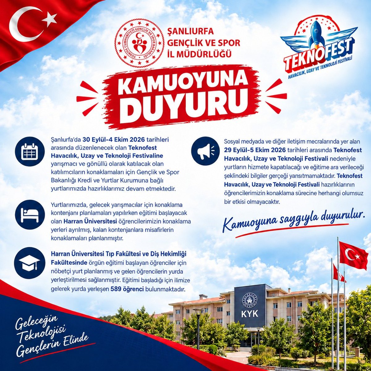 GSB_Sanliurfa's tweet photo. DUYURU!

Şanlıurfa’da 30 Eylül-4 Ekim 2026 tarihleri arasında düzenlenecek olan Teknofest Havacılık, Uzay
ve Teknoloji Festivaline yarışmacı ve gönüllü olarak katılacak olan katılımcıların konaklamaları için Gençlik ve Spor Bakanlığı Kredi ve Yurtlar Kurumuna bağlı 
yurtlarımızda hazırlıklarımız devam etmektedir. Yurtlarımızda, gelecek yarışmacılar için konaklama kontenjanı planlamaları yapılırken 
eğitimi başlayacak olan Harran Üniversitesi öğrencilerimizin konaklama yerleri ayrılmış, kalan kontenjanlara misafirlerin konaklamaları 
planlanmıştır. 

Harran Üniversitesi Tıp Fakültesi ve Diş Hekimliği Fakültesinde örgün eğitimi başlayan öğrenciler 
için nöbetçi yurt planlanmış ve gelen öğrencilerin yurda yerleştirilmesi sağlanmıştır. Eğitimi başladığı için ilimize 
gelerek yurda yerleşen 589 öğrenci bulunmaktadır. 

Sosyal medyada ve diğer iletişim mecralarında yer alan 29 Eylül-5 Ekim tarihlerinde Teknofest
Havacılık, Uzay ve Teknoloji Festivali nedeniyle yurtların hizmete kapatılacağı ve eğitime ara verileceği şeklindeki bilgiler gerçeği yansıtmamaktadır. Teknofest Havacılık, Uzay ve Teknoloji Festivali
hazırlıklarının öğrencilerimizin konaklama sürecine herhangi olumsuz bir etkisi olmayacaktır.

Kamuoyuna saygıyla duyurulur.