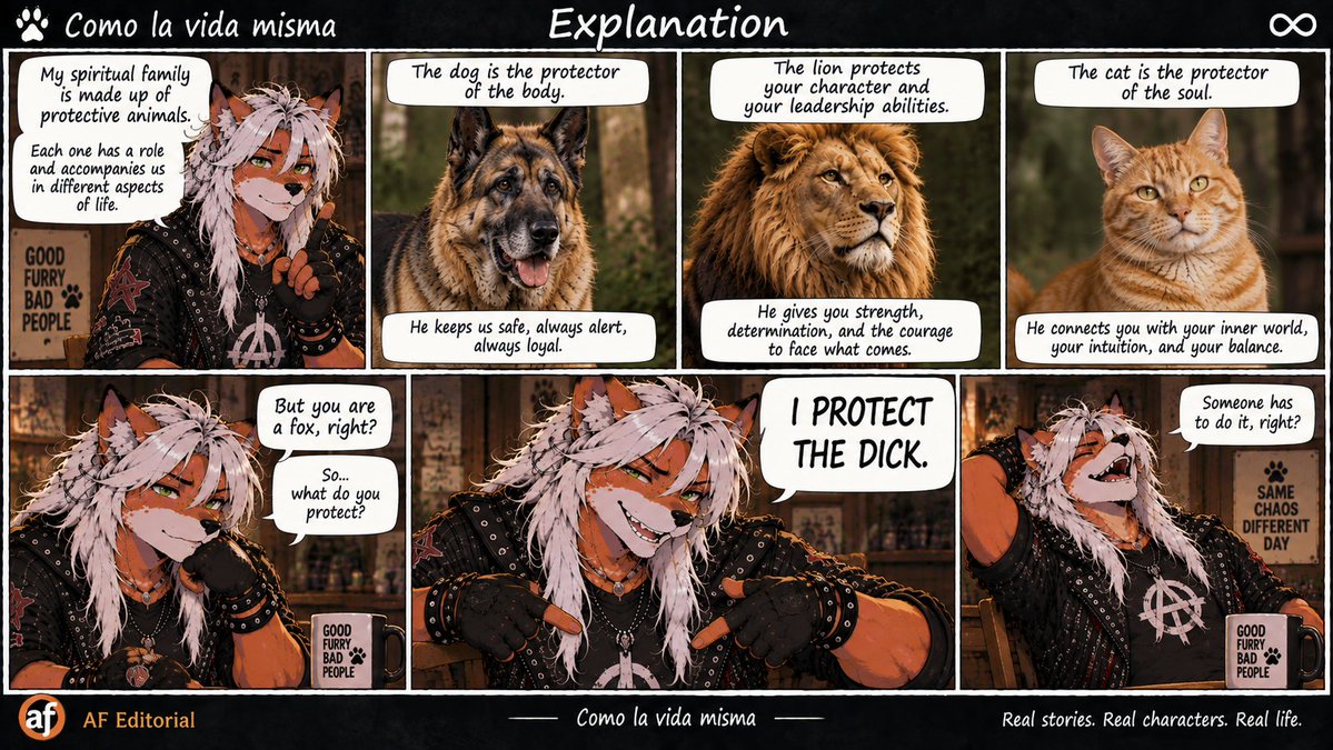 AngusFreyr's tweet photo. “The Fox’s Sacred Duty” 🦊
#ComoLaVidaMisma #AngusFreyr #FurryComic #FurryHumor #AnthroArt #ComicRelief #PunkFox #SpiritualityGoneWrong #AdultHumor #FourthWall #AFEditorial #SameChaosDifferentDay https://t.co/86fVAmBFUV