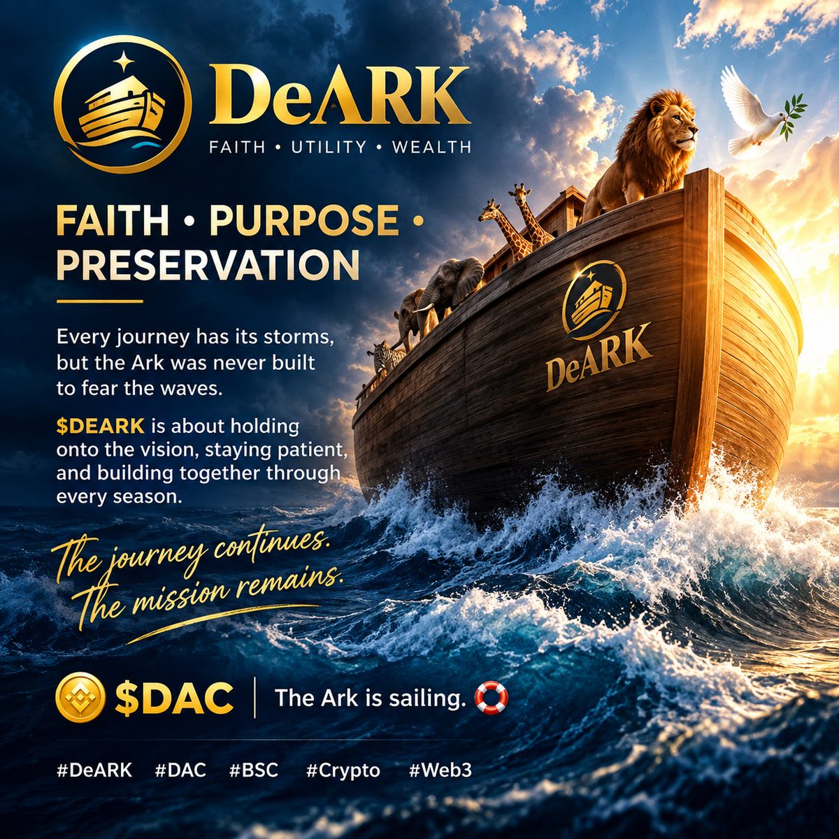 Scat570229's tweet photo. 🚢✨ FAITH • PURPOSE • PRESERVATION

Every journey has its storms, but the Ark was never built to fear the waves.

$DEARK is about holding onto the vision, staying patient, and building together through every season. 🌊💎

The journey continues. The mission remains.

💰 $DAC | The Ark is sailing. 🛟

CA:0x24792377ff3AfBf4D509eA5197A0bBbe9617Cf8C

@DeARK_BSC
@ProphetJoelO
#DeARK #DAC #BSC #Crypto #Web3