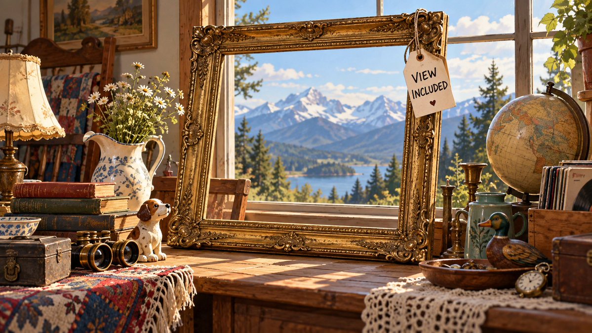 KJResearchFiles's tweet photo. At a yard sale, an empty picture frame was tagged VIEW INCLUDED. It was leaning against the best window in the house. https://t.co/UOBdJltelQ