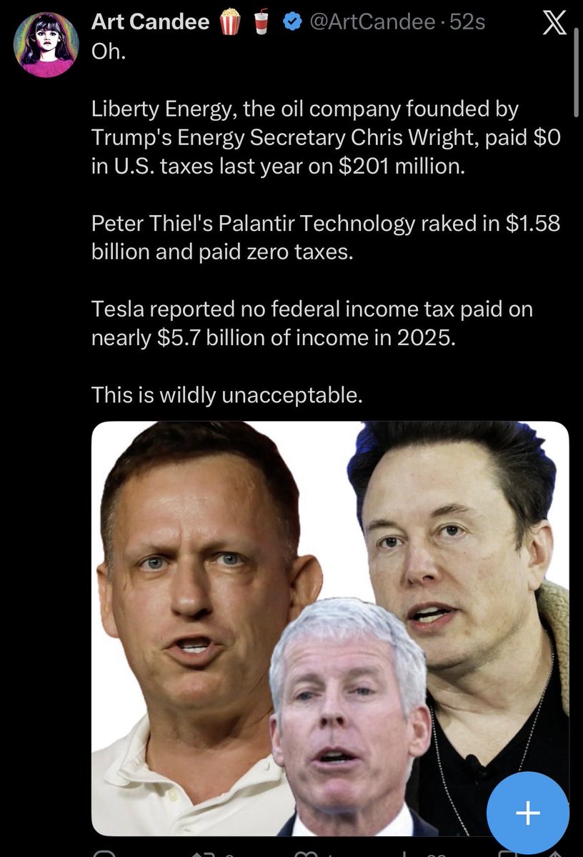 jamesonr's tweet photo. Meta’s tax rate was -23% for Q1 of this year. The IRS owes multiple Oil companies refunds back the tax rate is so low. 88 corporations didn’t pay federal taxes in 2025 including Palantir, United Airlines, Tesla, Citigroup. The US wouldn’t be in the $40 trillion in the deficit if it weren’t for tax cuts.