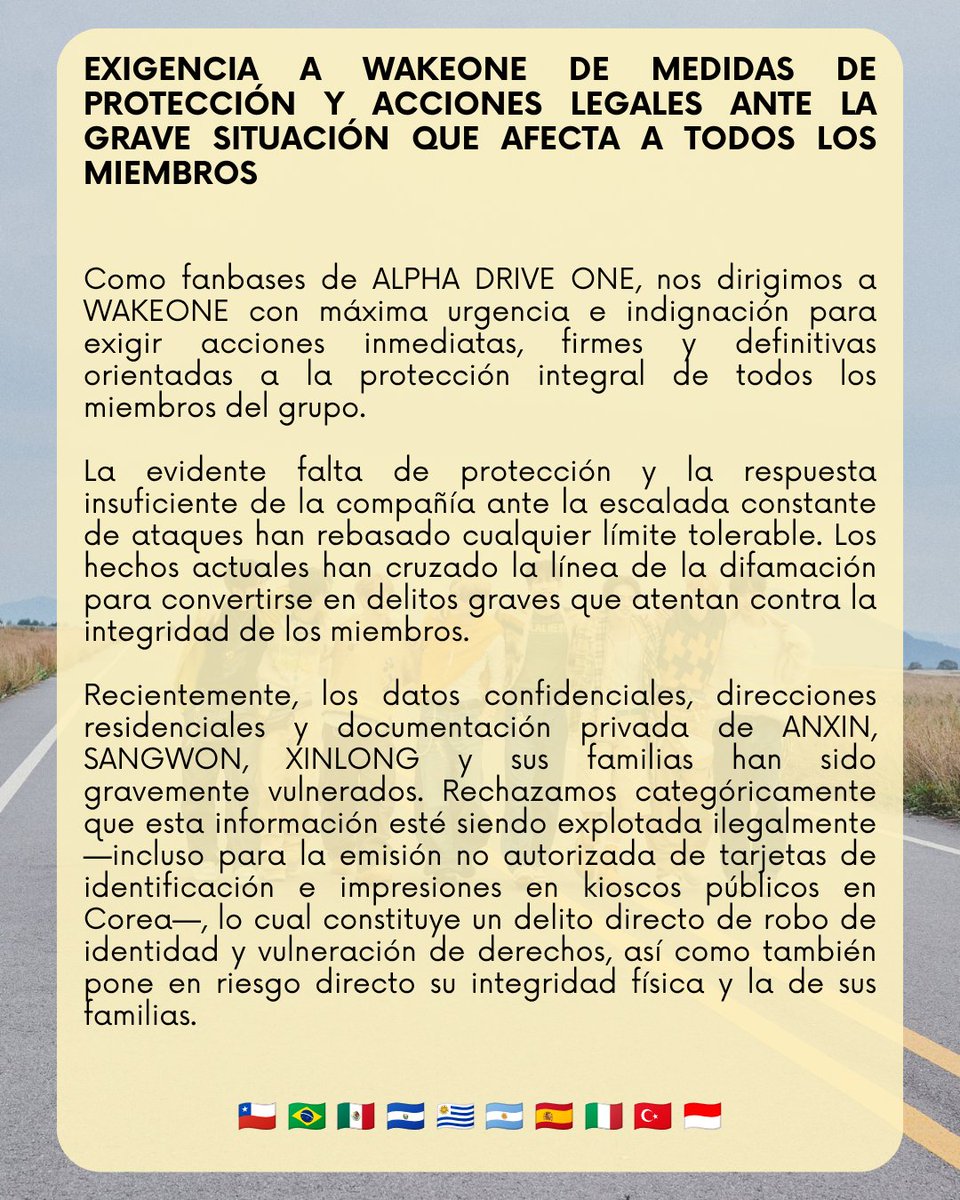 ald1_chile's tweet photo. ALLYZ! Favor DIFUNDIR 🙏🏻 , necesitamos que WAKEONE tome medidas ahora ya! Todos los miembros están siendo blanco de fans mal intencionados y no podemos quedarnos sin hacer nada!

WAKEONE TAKE LEGAL ACTION
#웨이크원_당장_알디원지켜줘
#WAKEONE_ProtectALD1
#ALPHADRIVEONE #ALD1 https://t.co/48IEEIXn8N