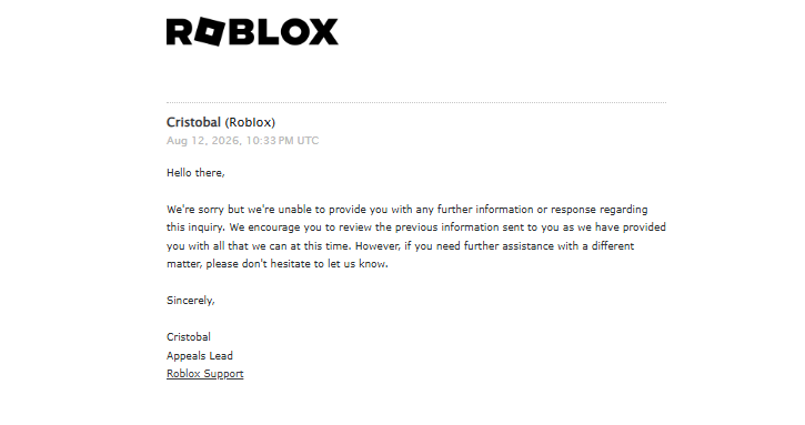 Pineconeoyi's tweet photo. After 3+ Years of grinding out a ugc group, roblox falsely bans my account for being associated with an account i'd never seen before. All attempts to get the appeal to a human failed as roblox doesn't care about anyone on their platform. This group was my main source of income and roblox doesn't seem to care no matter how many appeals you send with detailed proof, proving you don't have access to or don't know about the account they claim you're linked to.

During my appeal process, i've been trying to get my game out and that account also has been hit with a wave of false bans and appeal denials. I got moderated for a thumbnail i uploaded with the name "https://t.co/CQ9nNGiEPw", i explained to them that it was the name of the group and i wasn't trying to direct anyone off the platform. The worst part isn't their criteria for determining violations, its the fact that it is genuinely impossible right now to get a human to view your appeal. I attached multiple screenshots of my appeal being denied  in, i kid you not, ZERO MINUTES. The ai genuinely doesn't even take anything more than a second to review the offense before it decides to deny the appeal.  

#Robloxㅤ #RobloxDev

[1/2]