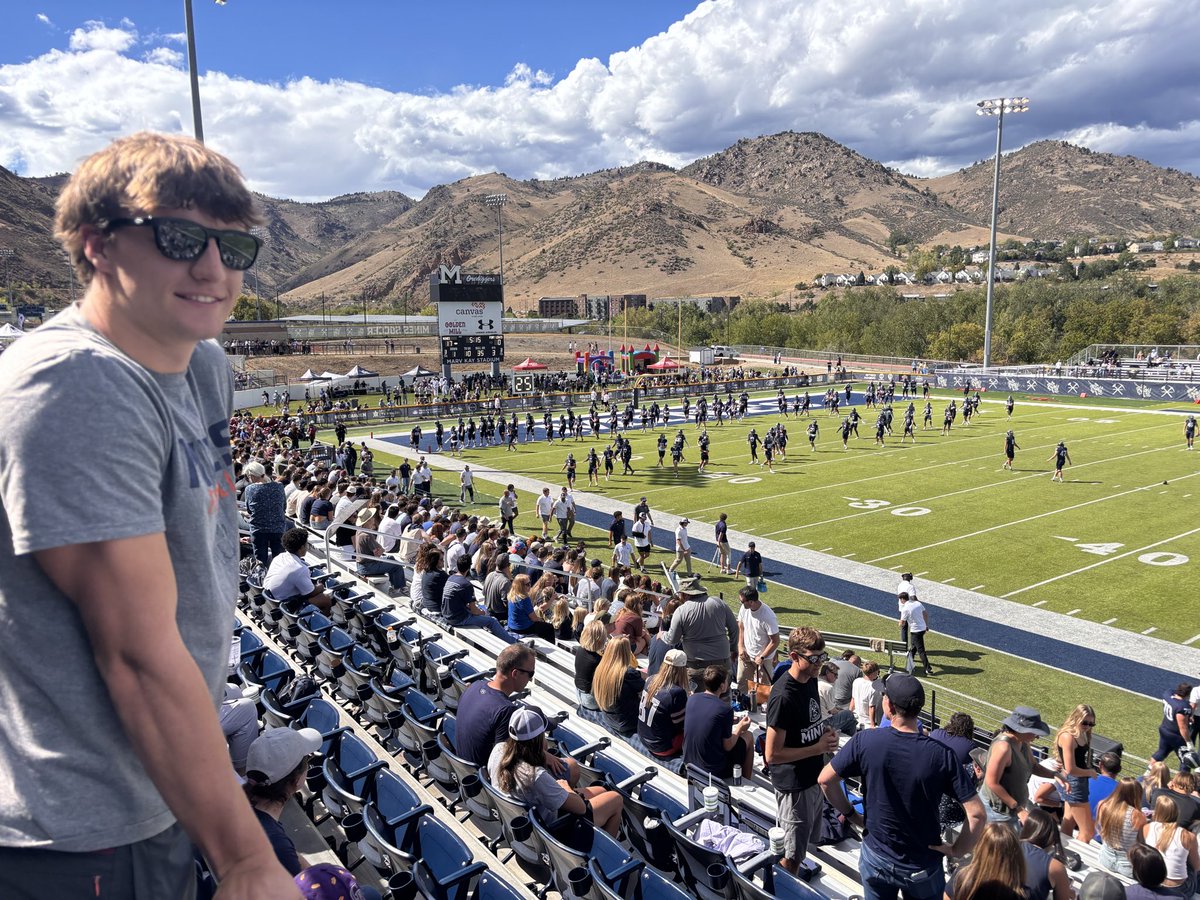 SawyerEHaley's tweet photo. Had a great time in Golden yesterday for @MinesFootball game day visit ! Thanks for the invite @COACHMCLAU. Loved the game day atmosphere can’t wait for what the future holds!  #helluvaengineer 
@CoachBobStitt @allashford1 @mohi_football @TimBrandon5 @CoachYonBoone @MinesFootball @SchwartzAthSpot @JReyes_NP @RobertLDavisIV @s2srecruiting @CoachAK_Power @CoachClayWhite @CoachJHickey